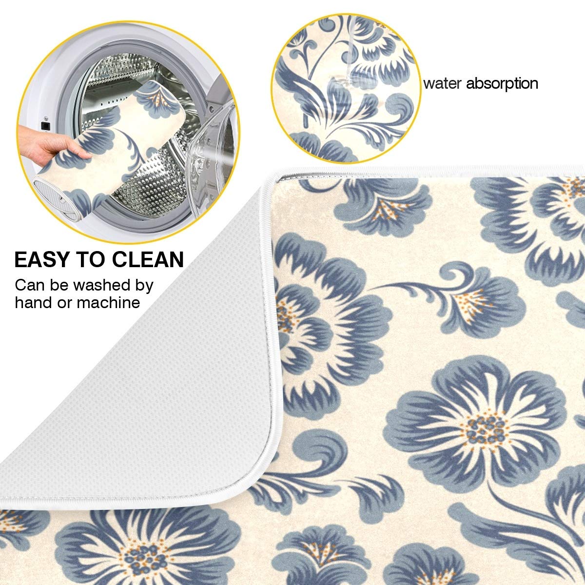Blue Peony Flowers Dish Drying Mat - 18x24 Inch Absorbent Microfiber Kitchen Counter Mat for Dishes, Utensils & Cookware - Fast Drying, Non-Slip, Beige Kitchen Accessories - Perfect for Countertops, Sink Areas & Dish Racks