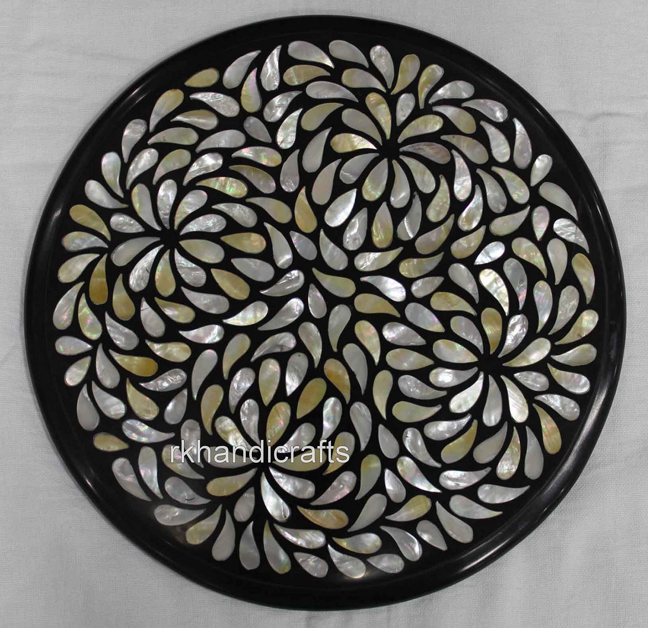 15 Inches Hand-Inlaid Black Marble Coffee Table Top with Multi-Shiny Stone Inlay - Elegant Bedside Table for Living Room, Bedroom & Office Decor