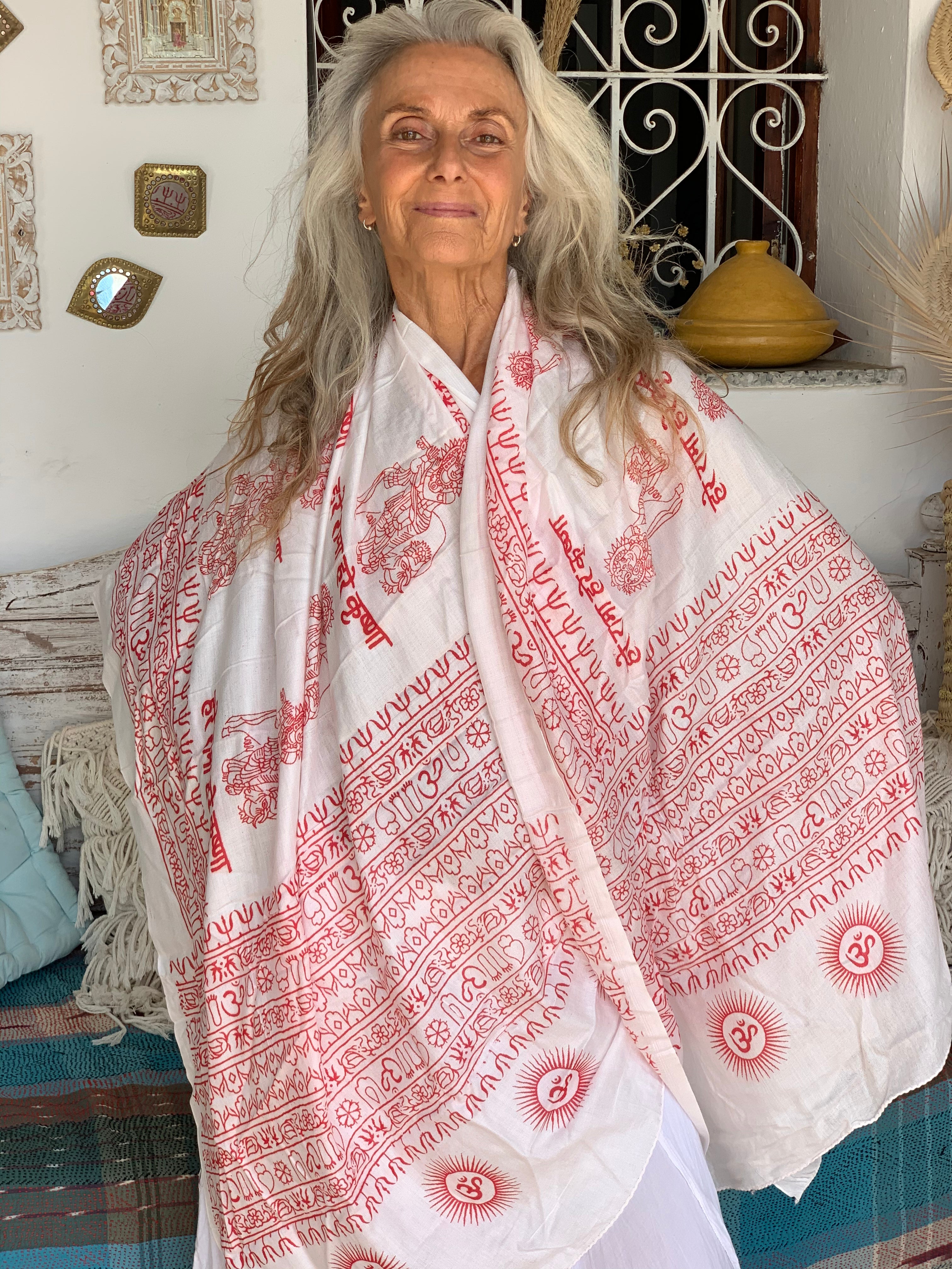 Large Om Sarong Pareo Shawl - White and Red Boho Beach Cover-Up for Women | Perfect for Ibiza, Poolside, Yoga & Summer Vacations