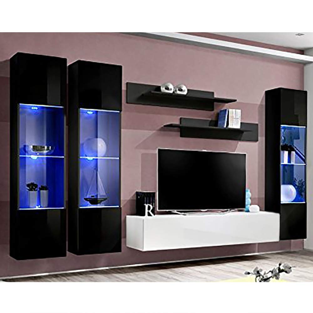 Modern Floating TV Stand with Storage & LED Lights - Wall-Mounted Entertainment Center for Bedroom & Living Room - Space-Saving TV Console with Shelves (Black/White) - Perfect for Small Apartments & Home Theater Setup