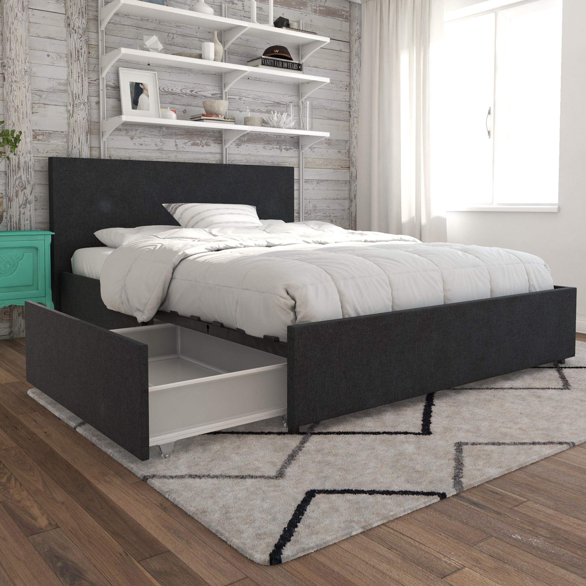 Novogratz Kelly Full Size Storage Bed with Drawers - Dark Gray Linen Fabric Upholstered Platform Bed Frame - Space Saving Bedroom Furniture for Small Apartments & Guest Rooms