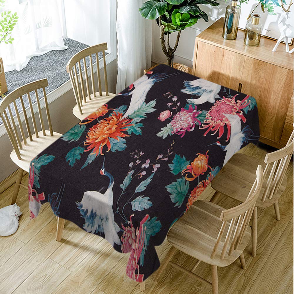 Japanese Cranes Retro Tablecloth - Oriental Herons & Floral Design Polyester Table Cover 52x70 Inch - Perfect for Kitchen, Dining, Picnic & BBQ Parties