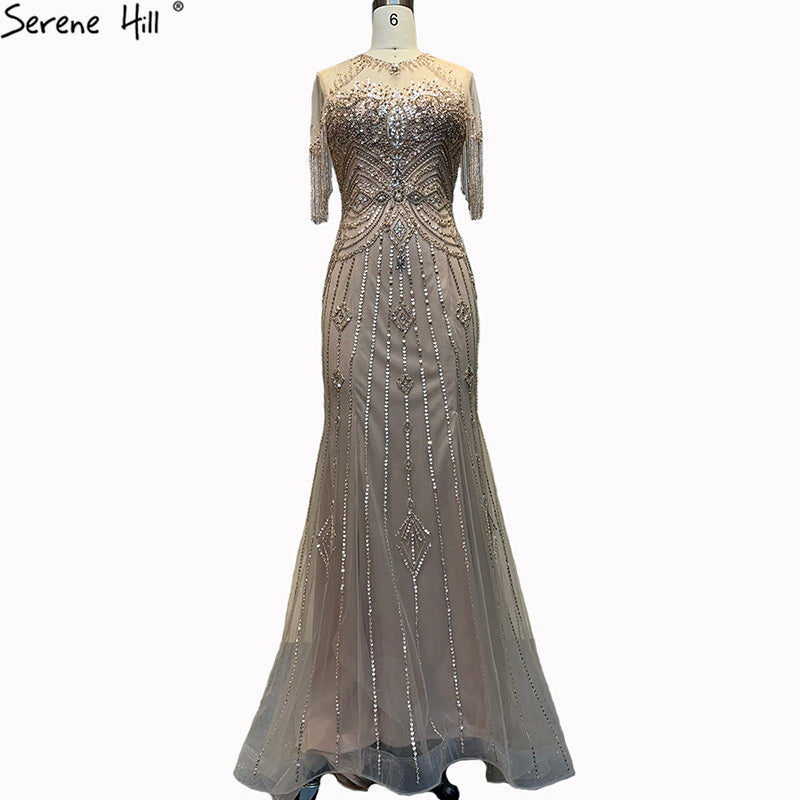 Elegant Grey Mermaid Evening Gown with Beaded Tassel Details - O-Neck Short Sleeve Dubai Style Party Dress for Women | Perfect for Weddings, Galas & Formal Events 2025 LA70646