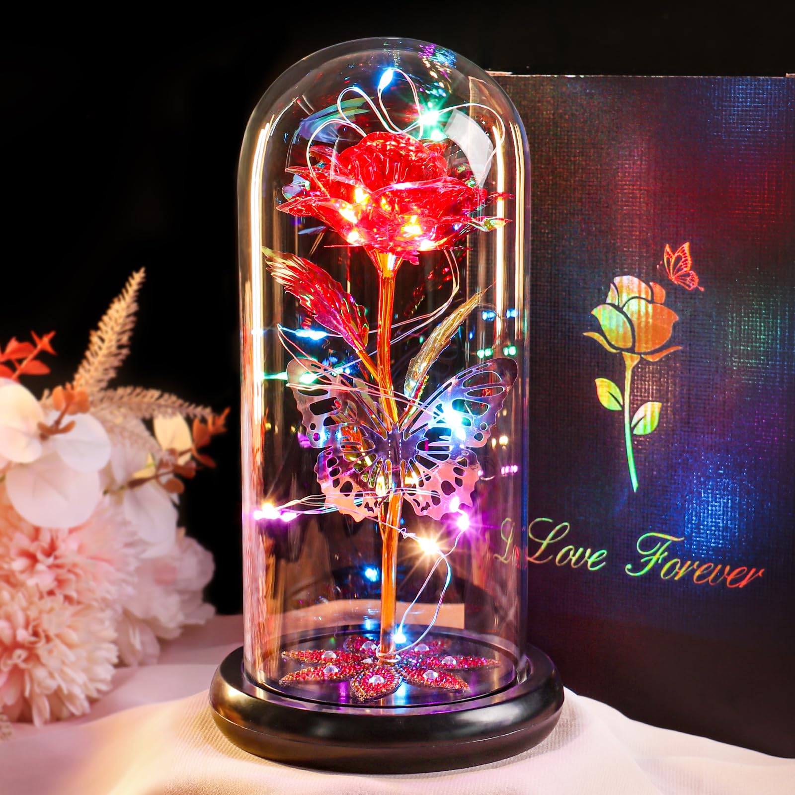 Eternal Crystal Rose in Glass Dome with Butterfly - Galaxy Glass Rose Flower Gift for Mom, Women, Wife, Grandma, Daughter - Mother's Day, Anniversary, Birthday Gift Idea - Romantic Home Decor & Night Light