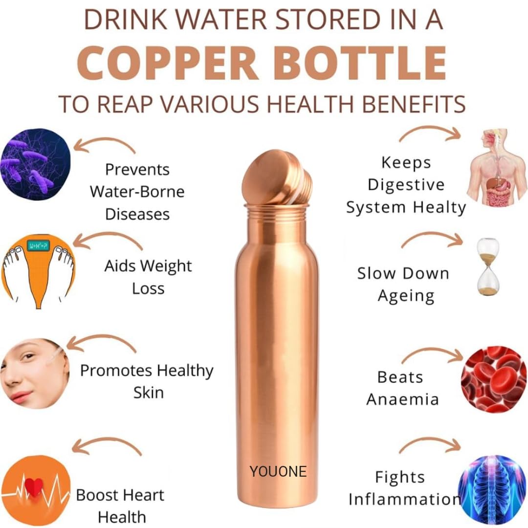 YOUONE 100% Pure Copper Water Bottle 1L (1000ml) - Leak Proof, BPA Free, Reusable for Daily Hydration, Gym, Yoga & Outdoor Activities - Pack of 1 (Copper)