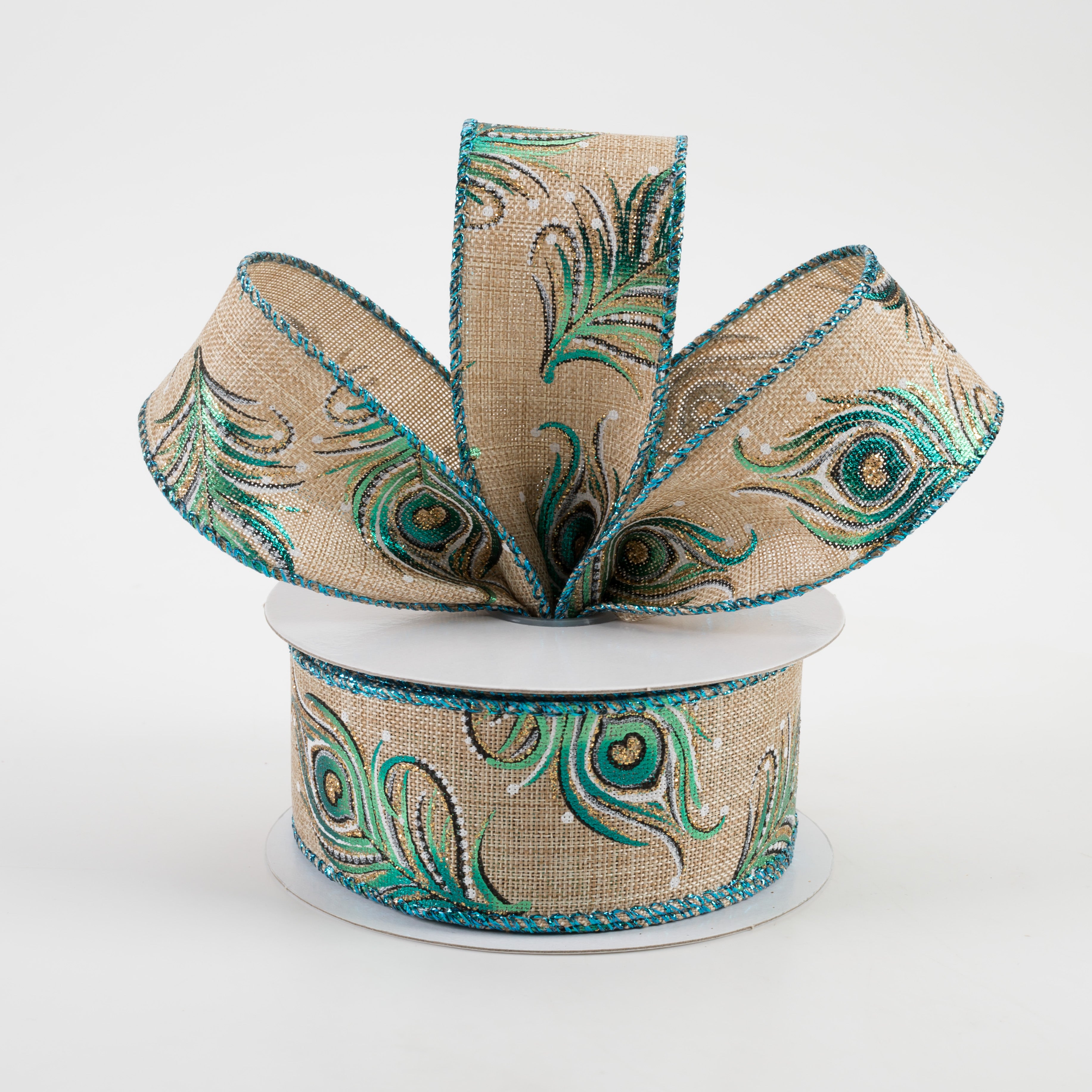 1.5 Inch Linen Embossed Peacock Feathers Ribbon - Natural Cotton Craft Ribbon (10 Yards) for DIY Scrapbooking, Gift Wrapping & Home Decor