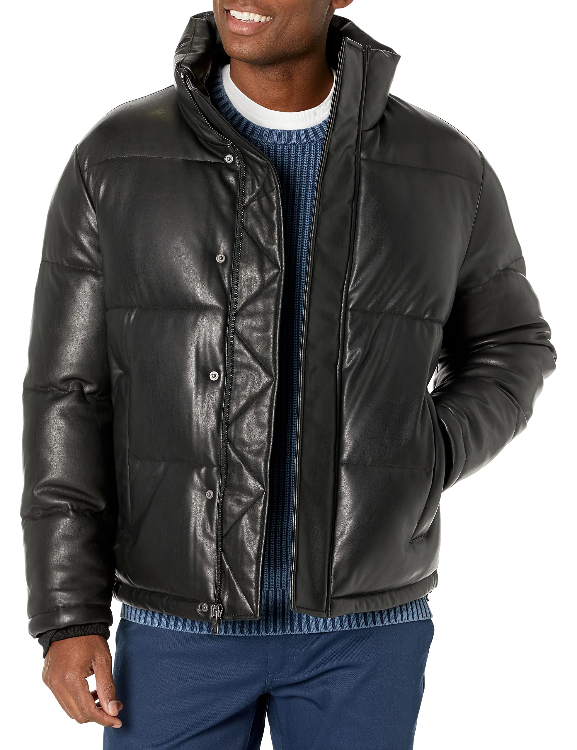 Calvin Klein Men's Classic Faux Leather Puffer Jacket - Lightweight Winter Coat for Men | Water-Resistant, Warm & Stylish | Perfect for Outdoor Activities, Travel & Casual Wear