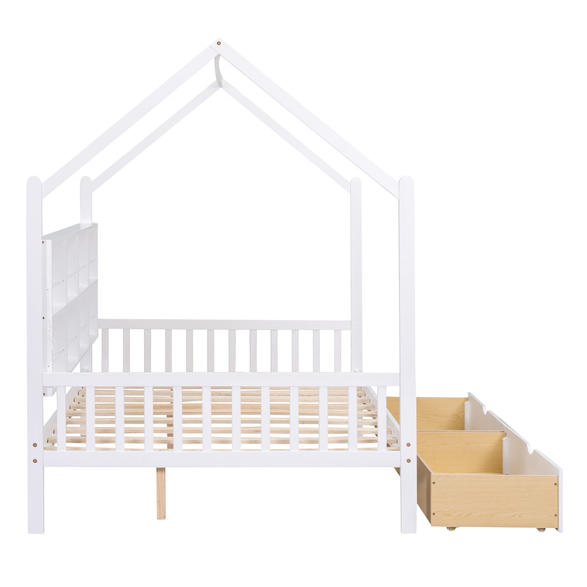 Solid Wood Full Size Bed Frame with 2 Storage Drawers & Shelf - White House Style Kids Bed for Girls & Teens (77.5