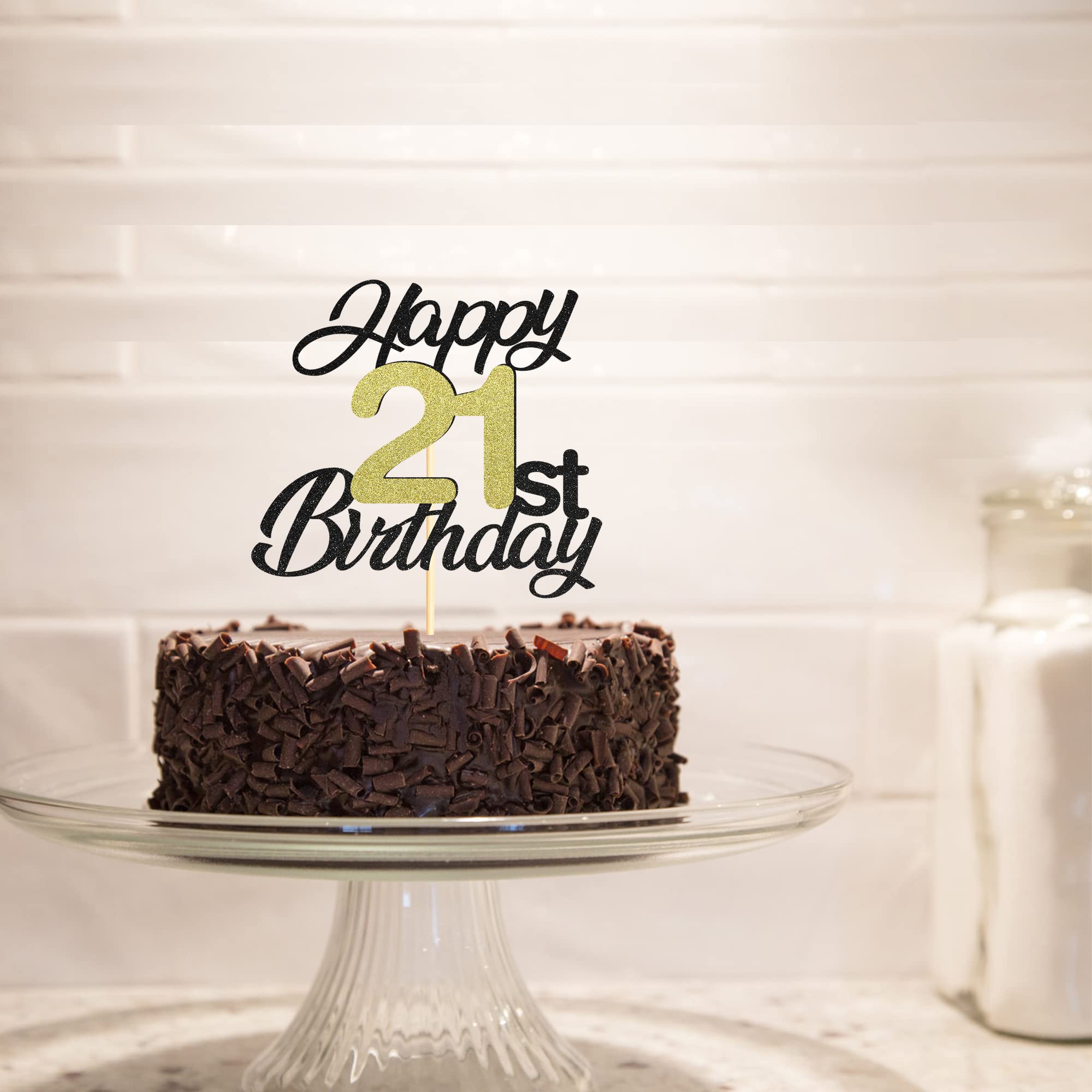 Elegant Black & Gold Glitter 21st Birthday Cake Topper - Premium Happy 21st Birthday Cake Decorations for Women & Men - Perfect for Birthday Parties, Anniversaries & Celebrations