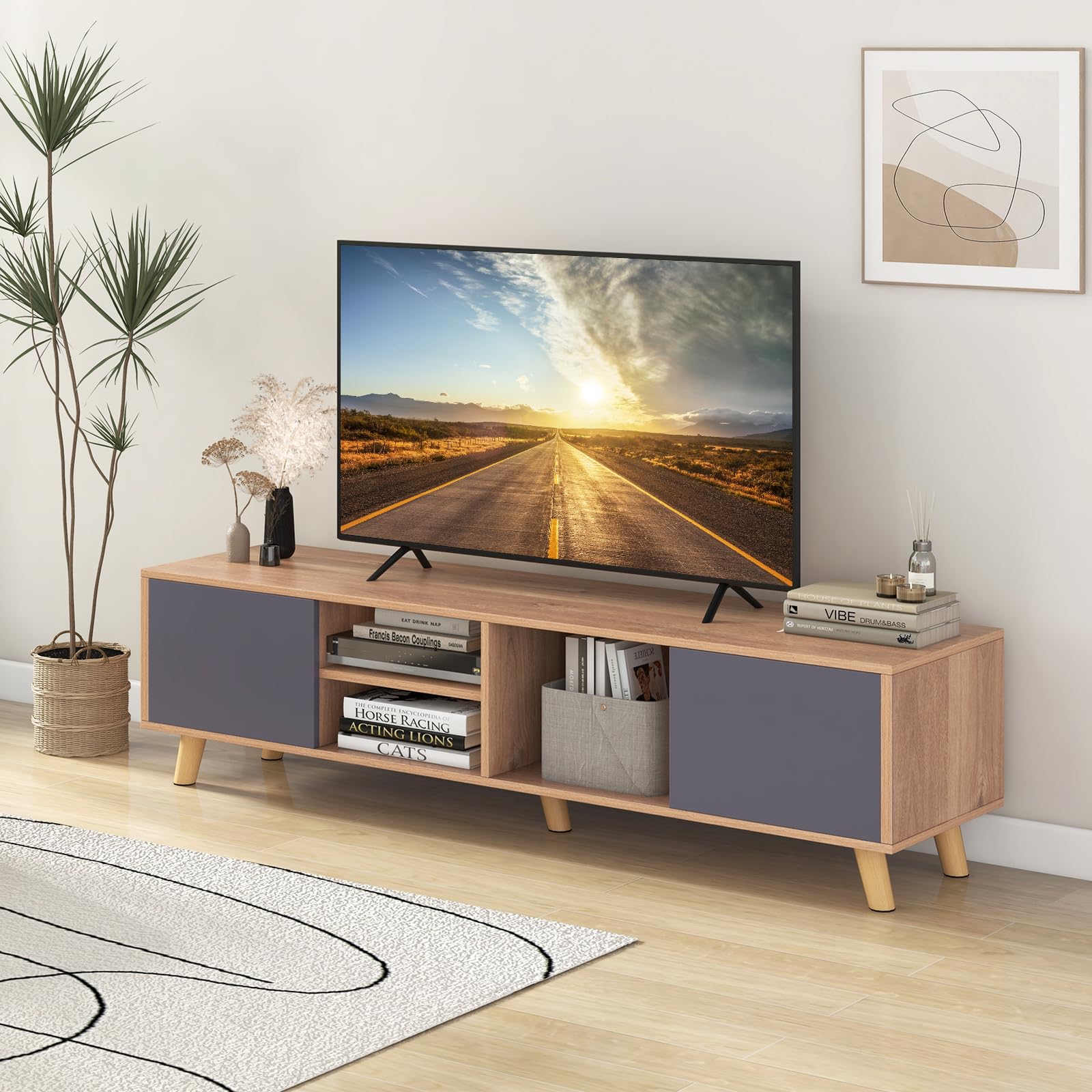 Tangkula 65 Inch TV Stand with 2 Doors & Open Shelves - Modern Media Console with Cable Management Holes - Entertainment Center for Living Room, Bedroom & Home Theater (Natural Gray Finish) - Perfect for Streaming, Gaming & Home Decor