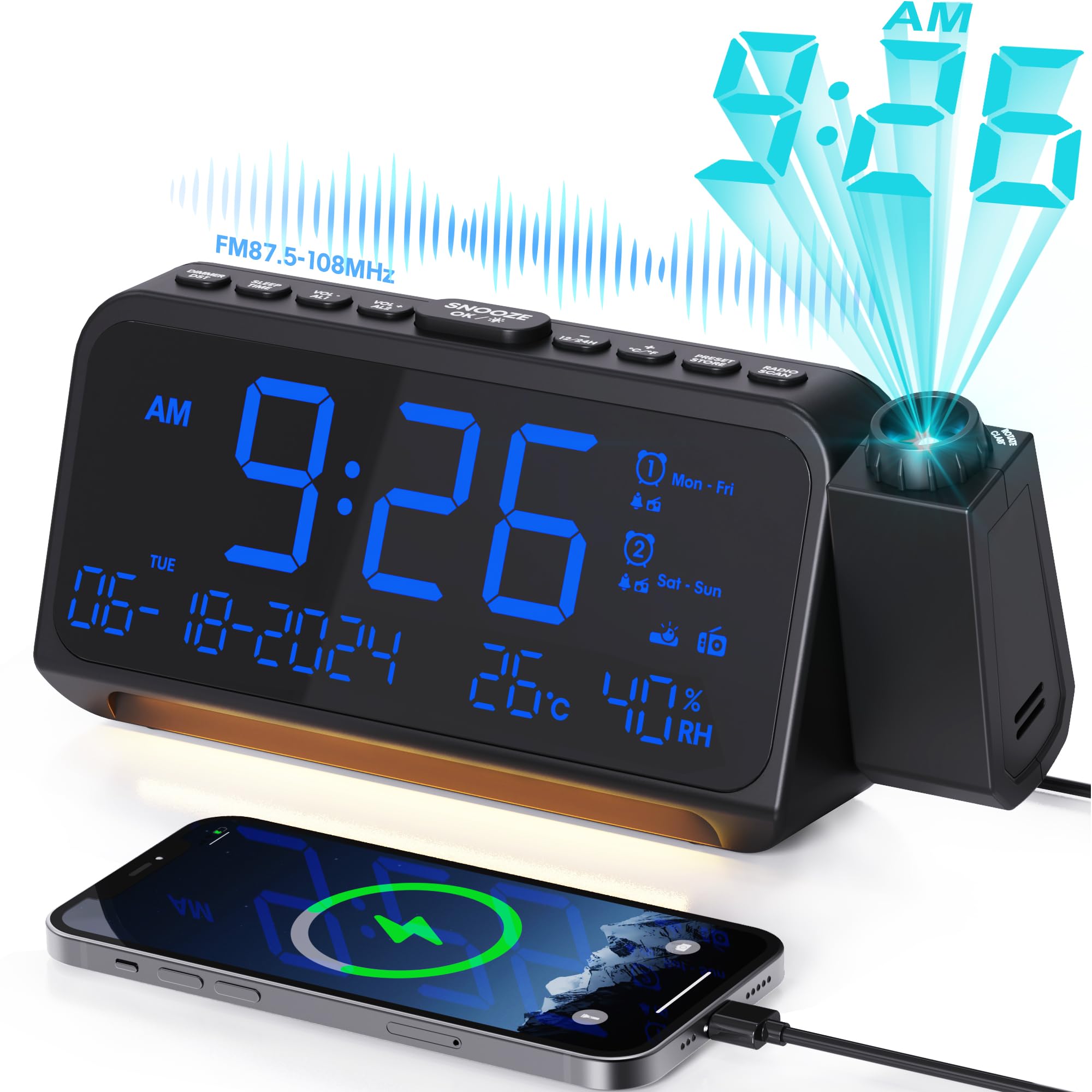 LED Projection Alarm Clock with FM Radio, Digital Clock with Dual Alarm, Adjustable Night Light, Temperature & Humidity Display, 5-Level Dimmer & USB-C Charging - Perfect for Bedroom, Office, and Travel Use