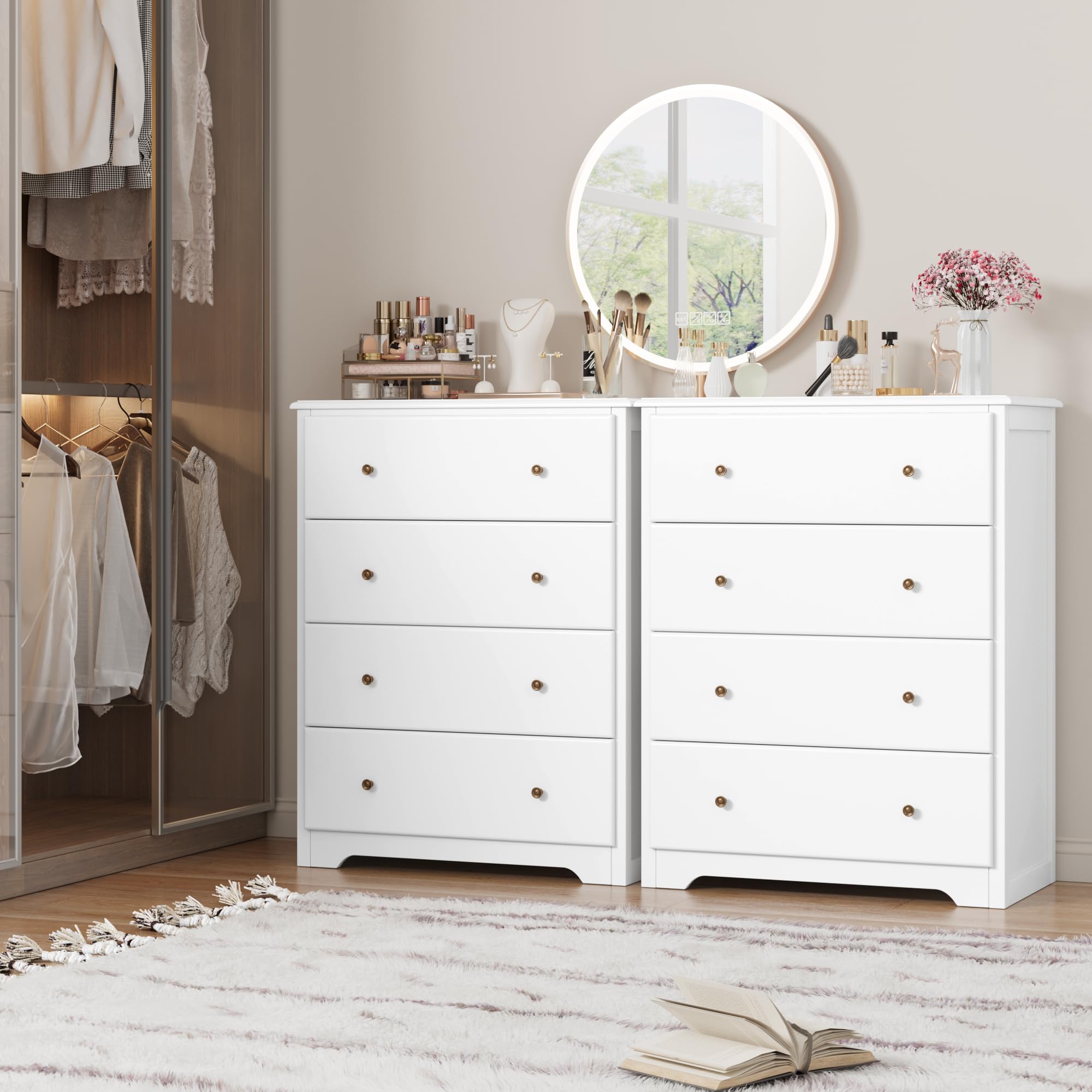 HOUSUIT White Dresser with 4 Drawers - Modern Tall Wooden Chest Storage Cabinet for Bedroom, Living Room, Hallway & Home Office - Ivory White Dresser Organizer for Clothes, Accessories & Home Decor
