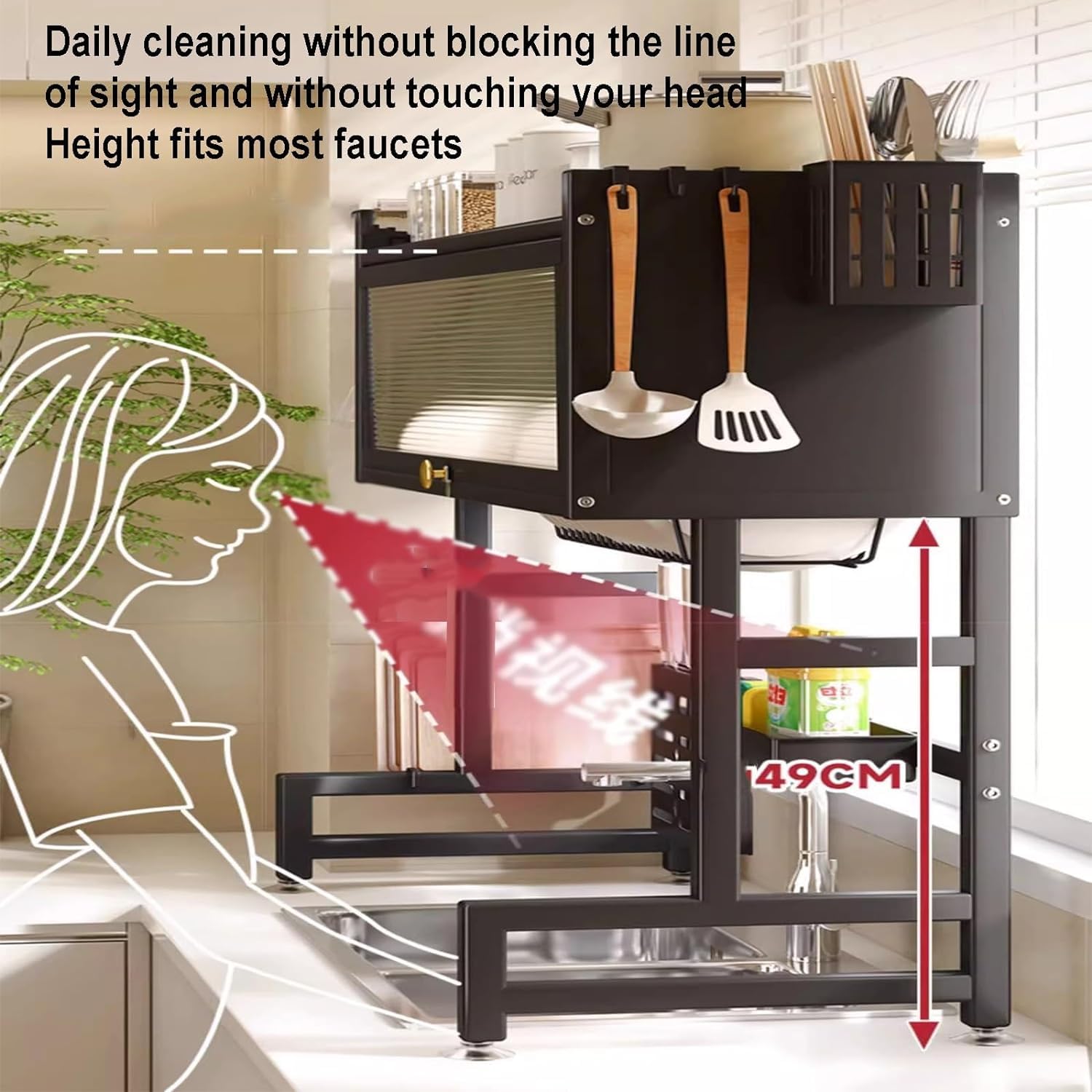 Stainless Steel Over The Sink Dish Drying Rack - Large Adjustable Kitchen Counter Dish Drainer (85x30x80cm) Black - Space Saving Drying Rack for Dishes, Cups & Utensils - Perfect for Small Kitchens & Apartments