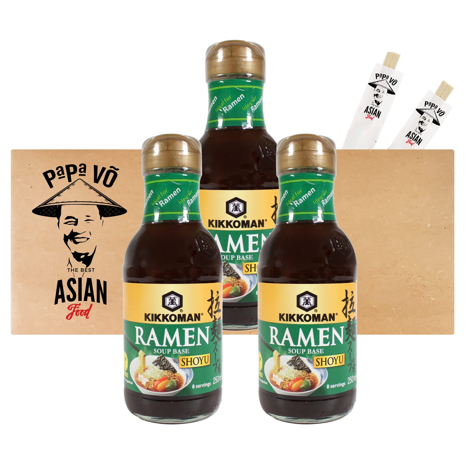 Kikkoman Ramen Soup Base Shoyu (Papa Vo®) - 3 Pack (3 x 250 ml) - Authentic Japanese Soy Sauce Flavor for Noodles, Hot Pot & Asian Cooking