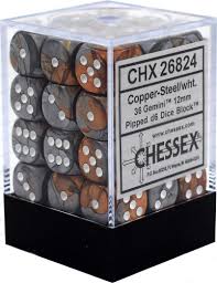 Chessex 36-Pack Copper Steel 12mm White Gemini Pipped D6 Dice Set - Perfect for D&D, Board Games & RPG Adventures