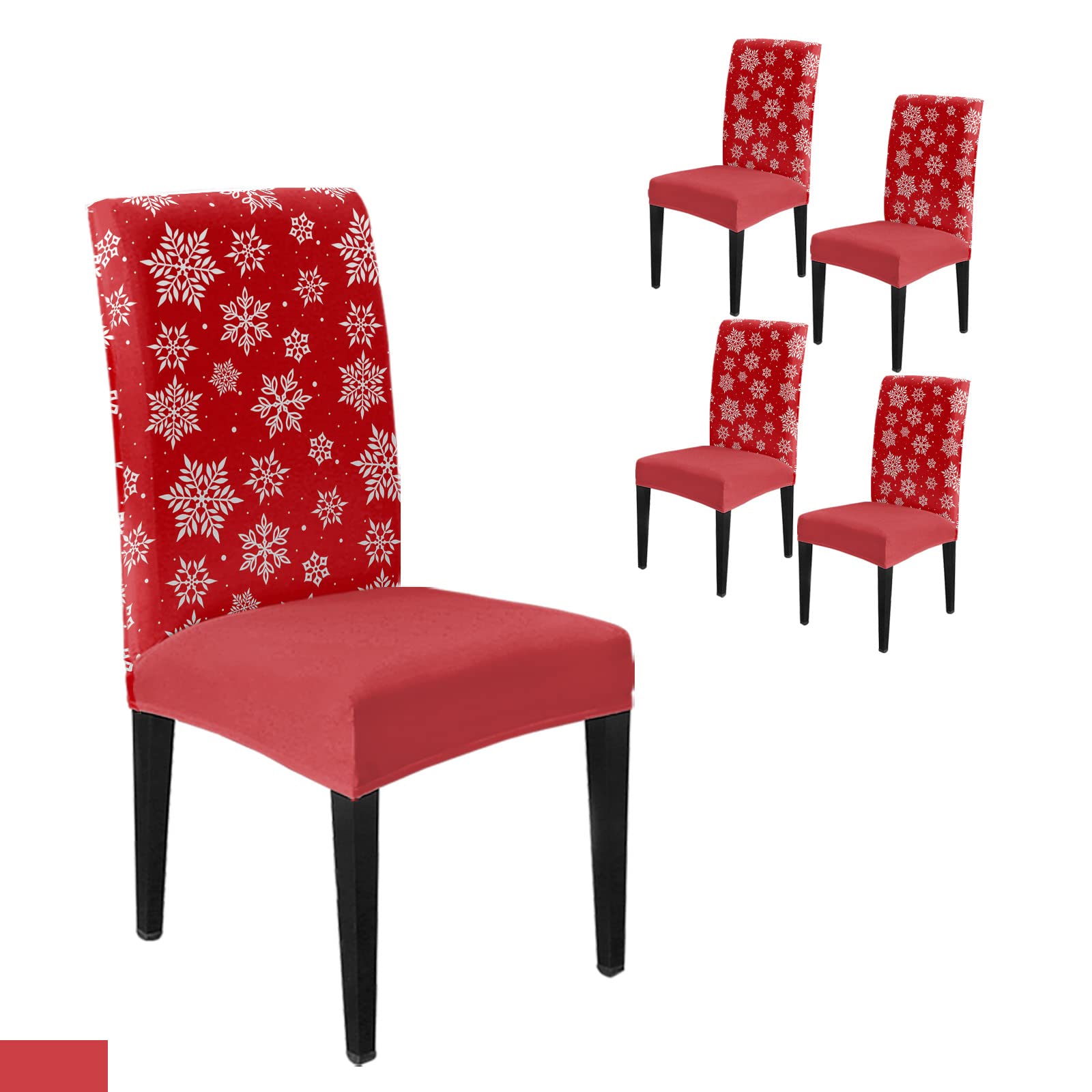 4-Pack White Snowflake Geometric Pattern Red Stretch Dining Chair Slipcovers - Christmas Winter Decoration, Removable Parsons Chair Protector Covers for Kitchen, Dining Room, Banquet & Party Use