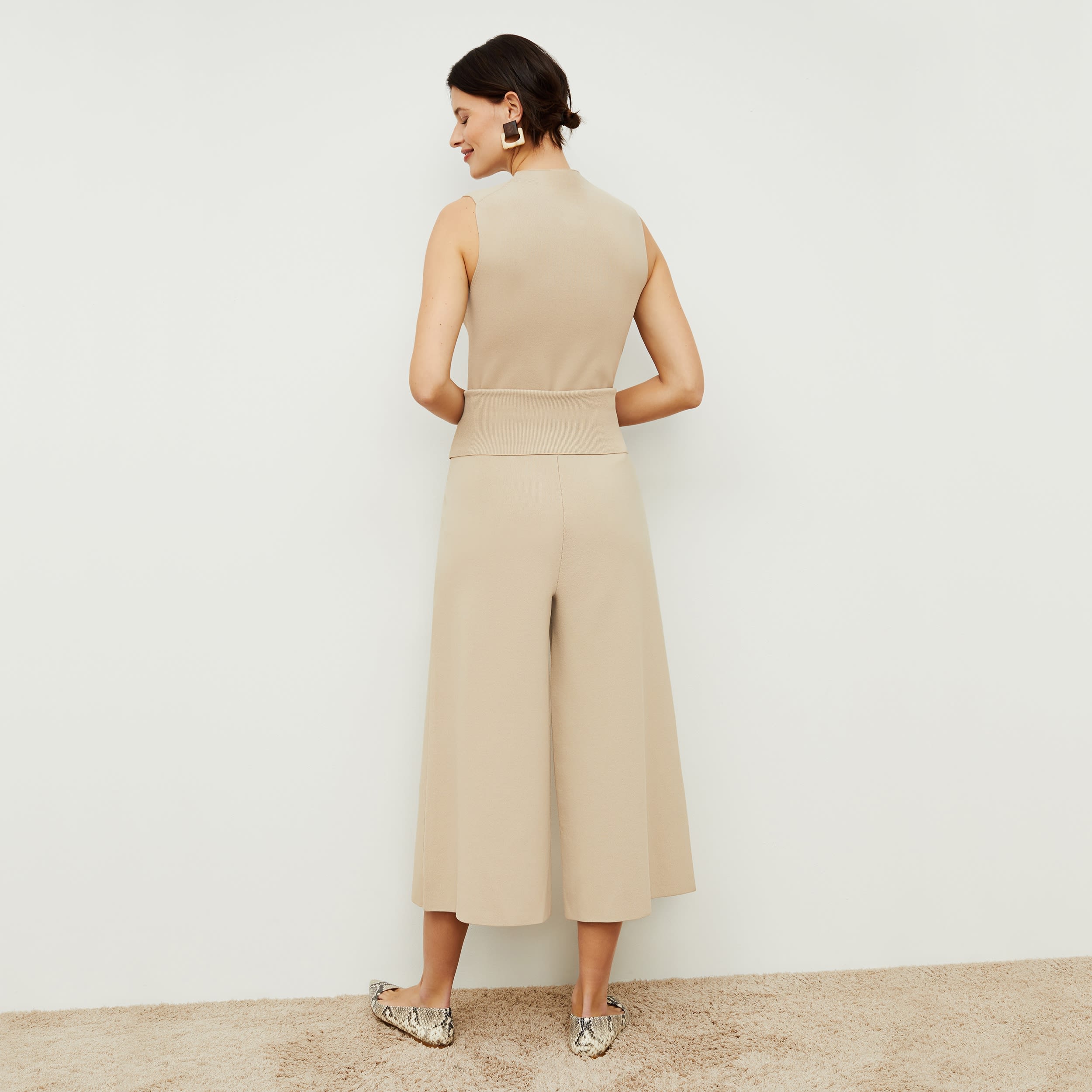 Rogala Stretch Culotte Jumpsuit & Knit Cardigan Set in Latte - Comfortable Lounge Wear for Women, Perfect for Home, Office and Casual Outings