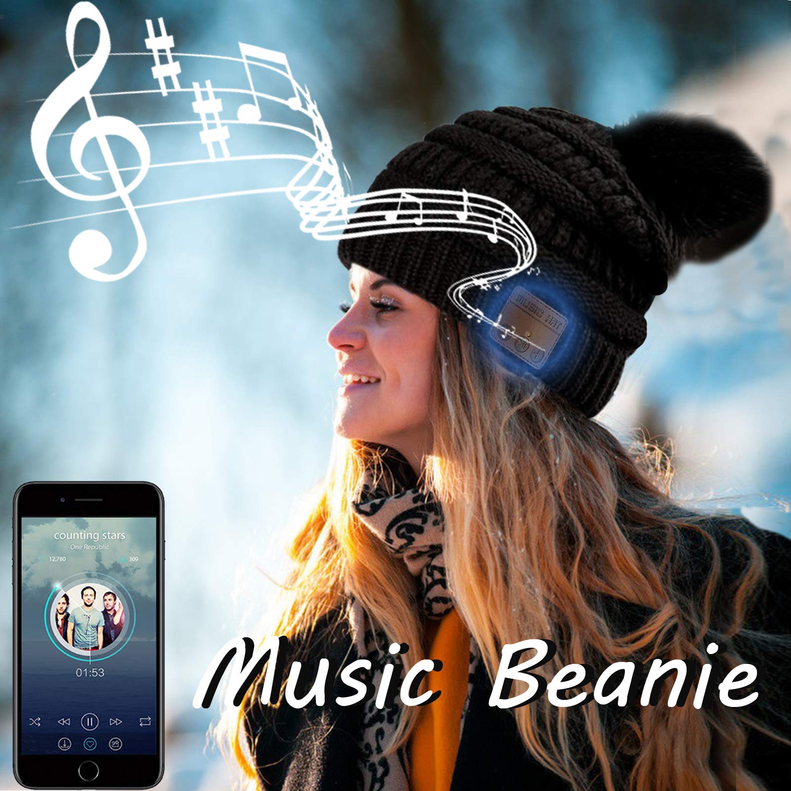 Wireless Music Beanie Hat for Women - Bluetooth Headphones with Built-in Mic & Speakers - Warm Winter Knit Cap for Sports, Running, Skiing & Outdoor Activities