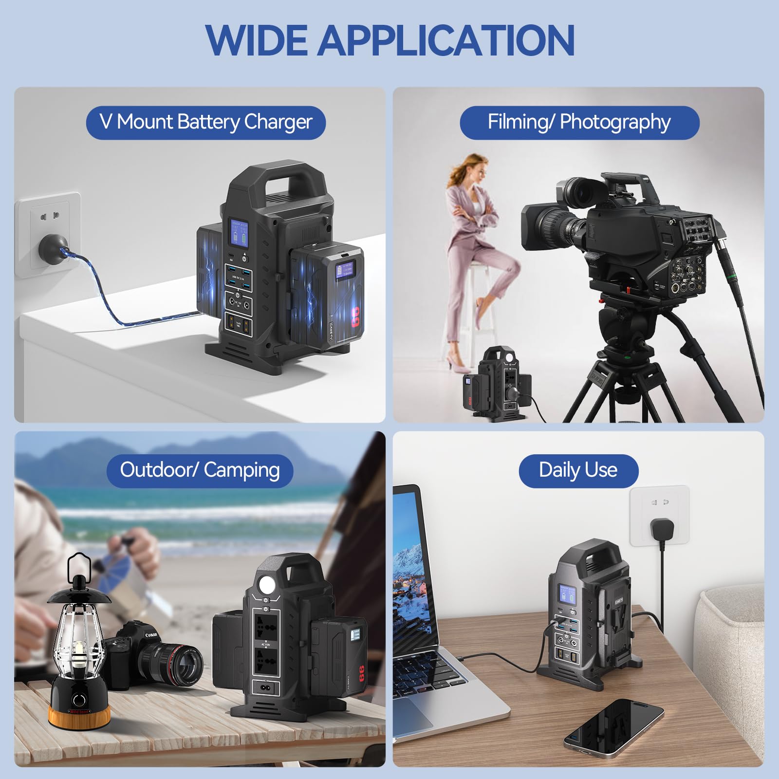 Came-TV Dual V Mount Battery Charger - 3-in-1 Power Strip with Dual Channel Charging, 65W PD/USB-C, Multi-AC Inverter Station - Compatible with Smallrig, Neewer, Came TV V-Lock Batteries - Perfect for Film Production, Photography & On-Location Power Needs
