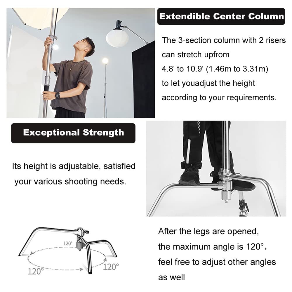 Heavy Duty 11.3ft/345cm C Stand with 4.2ft/128cm Boom Arm & Wheels - Professional Stainless Steel Century Stand for Photography Studio, Video Lighting - Perfect for Reflectors, Umbrellas, Softboxes & Monolights - Ideal for Film Sets, YouTube Studios & Commercial Photography