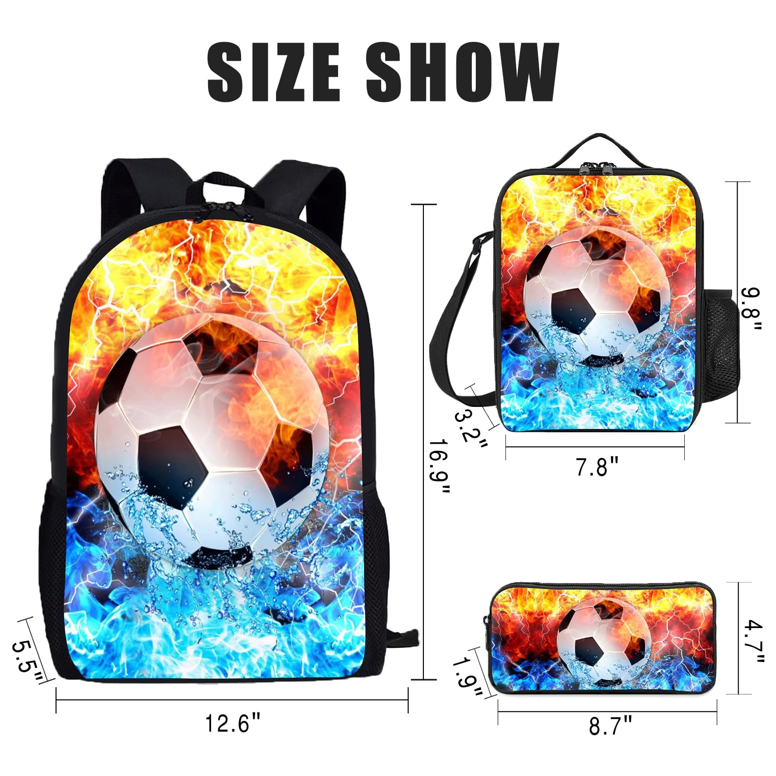 Kids Backpack Set with Lunch Box & Pencil Case - 3PCS School Backpack for Boys & Girls, Teen Bookbag for Middle & High School Students | Perfect for School, Travel & Sports (Soccer Fire Design)