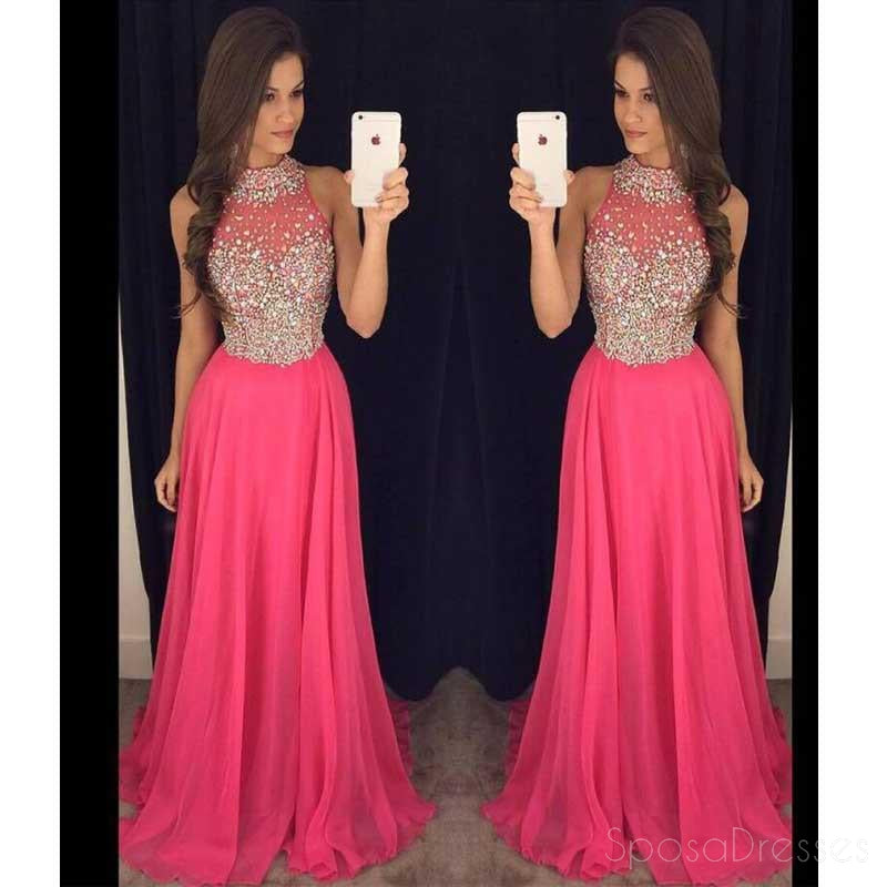 Elegant Hot Pink Halter Evening Prom Dresses with Beaded Details - Long Formal Gown for Prom, Homecoming, and Special Occasions - Custom Sizing Available - Style 17037