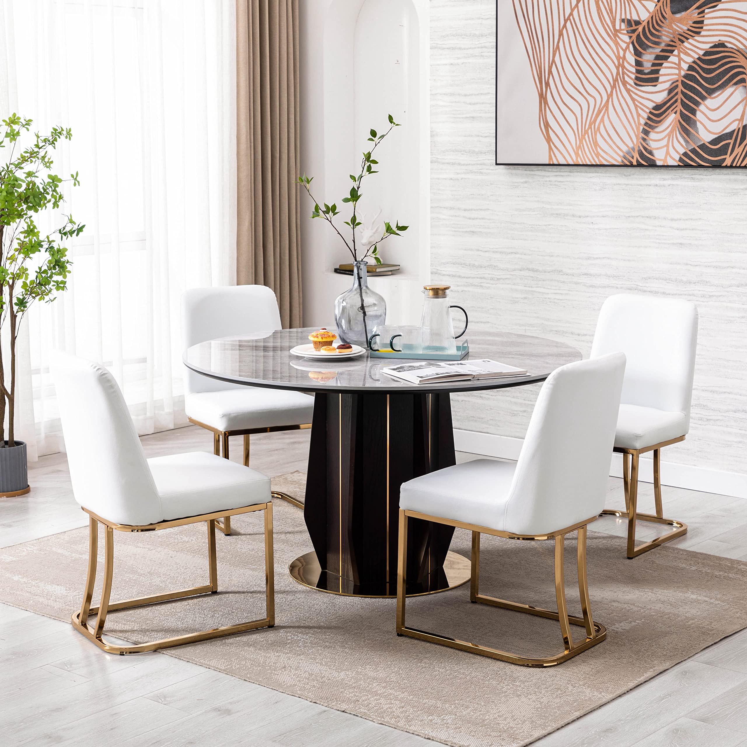 2-Piece Modern High Back Dining Chairs Set - Faux Leather Upholstered Armless Side Chairs for Dining Room & Living Room - White - Perfect for Small Spaces, Kitchen Nooks & Contemporary Home Decor