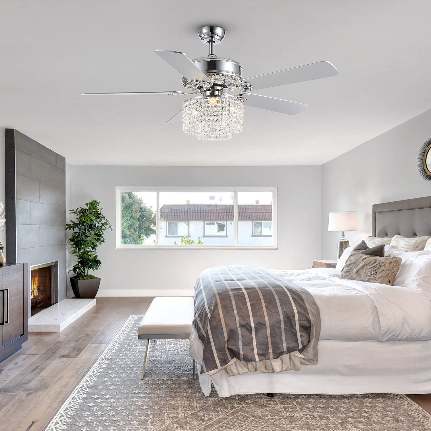 52 Inch Modern Reversible Ceiling Fan with Lights & Remote Control - Crystal Chandelier Fan for Bedroom, Dining Room & Living Room - Silver Finish - Energy Efficient LED Lighting for Home Decor & Air Circulation