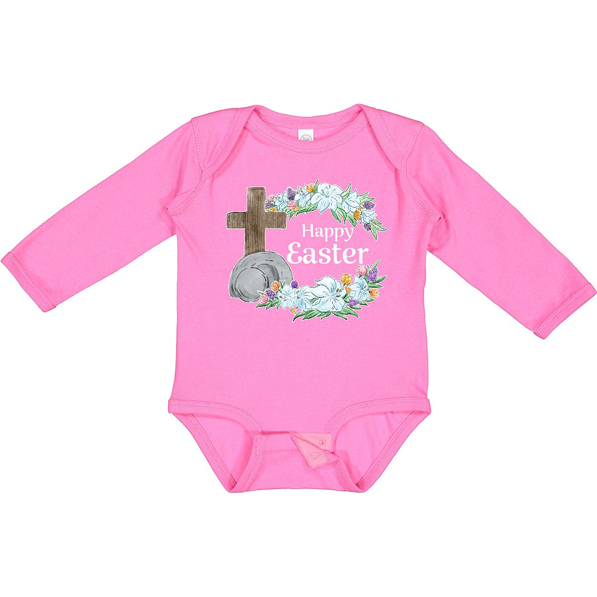 Inktastic Happy Easter Cross and Flowers Long Sleeve Baby Bodysuit - Perfect for Easter Sunday Church, Family Photos & Spring Celebrations