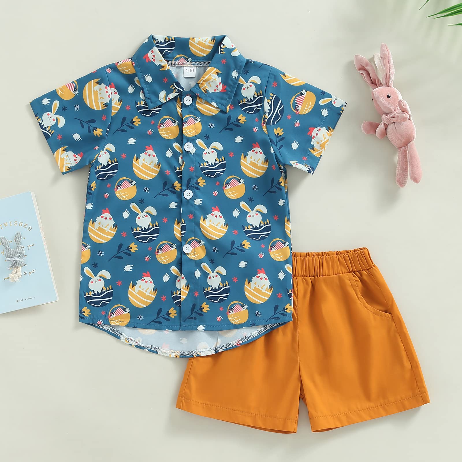 Easter Outfits for Toddler Boys - Bunny & Egg Print Short Sleeve Button Down Shirt with Matching Solid Shorts Set | Summer Church, Easter Egg Hunt & Family Photo Outfits