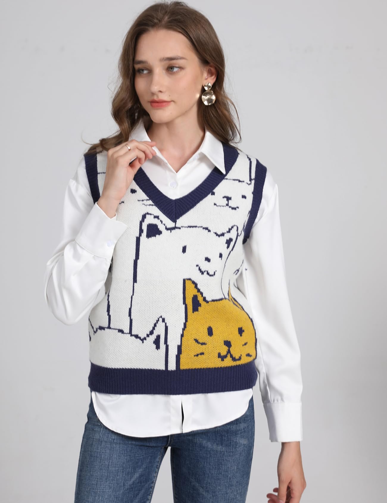 Gihuo Women's Cat Print V-Neck Sweater Vest - Y2K Graphic Knitted Pullover Sleeveless Knitwear Cute Tunic Top for Casual Outfits & Streetwear Fashion