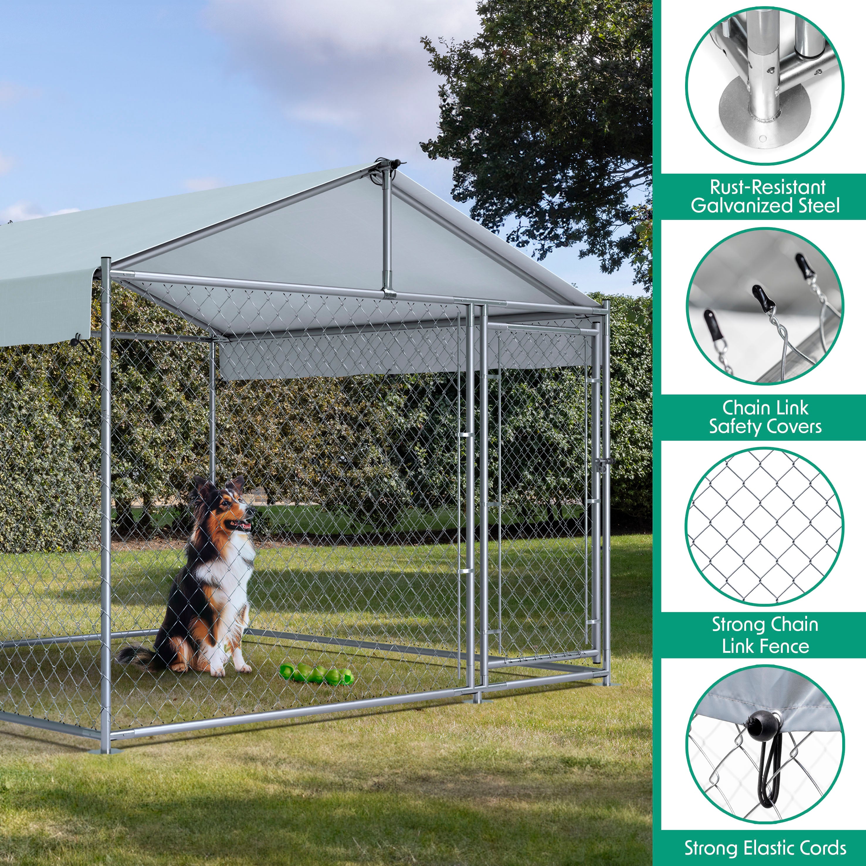 Heavy Duty Galvanized Steel Dog Kennel with Waterproof Roof Cover & Secure Chain Link Fencing - 6.5x6.5x5ft (2x2x1.5m) Outdoor Dog Cage - Perfect for Backyard, Garden, or Kennel Use - Model DG281