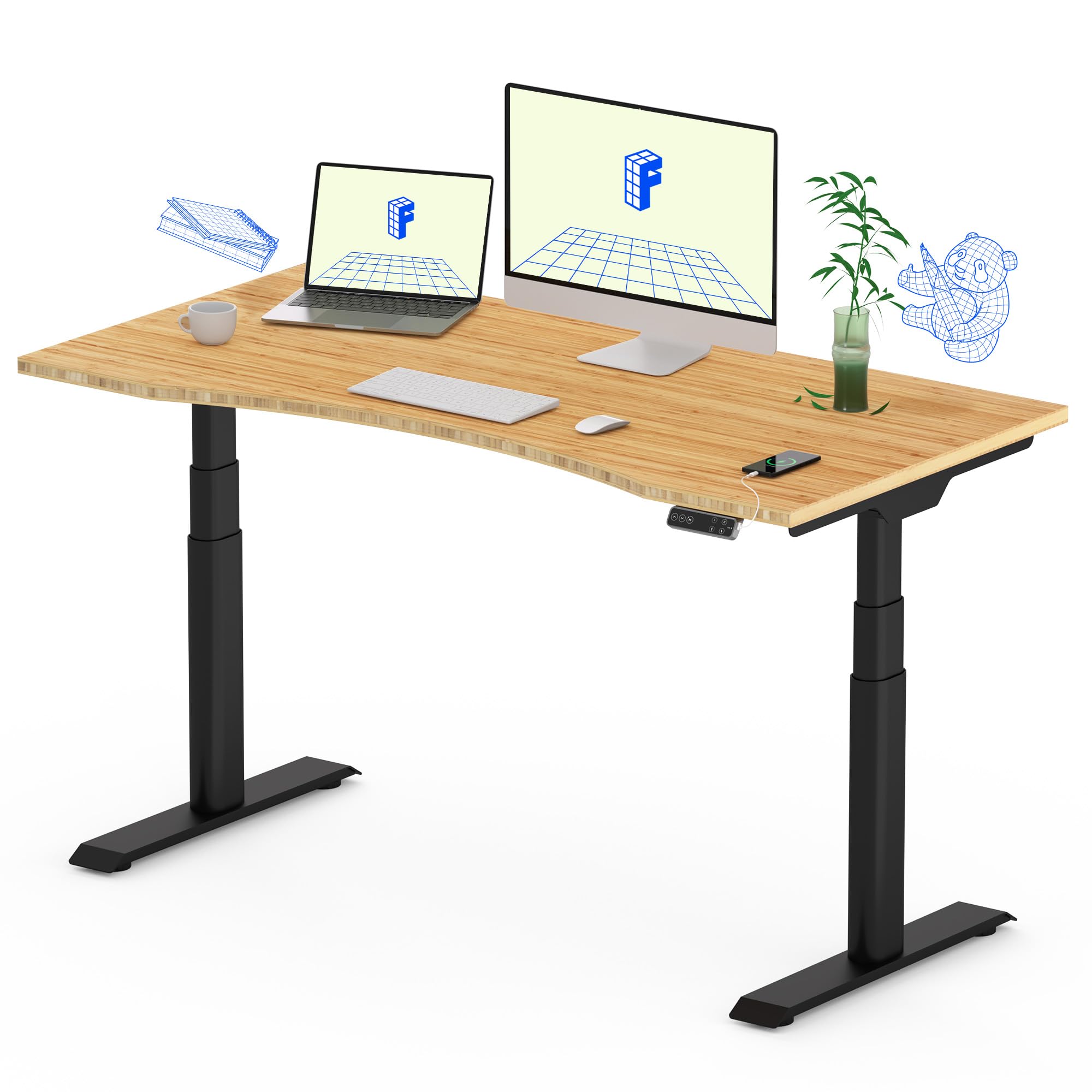 FlexiSpot Luxe Oval Leg Dual Motor 3-Stage Bamboo Electric Standing Desk 48x24 Inch - Height Adjustable Sit Stand Desk for Home & Office (Black Frame + Curved Bamboo Desktop) - Perfect for Ergonomic Workspaces, Gaming Setups & Small Offices