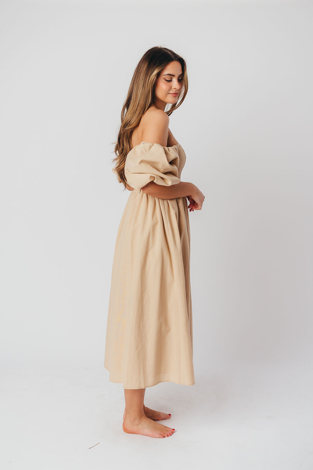 Hamilton Midi Dress in Taupe - Bump Friendly Maternity Dress (Sizes S-2XL) | Flowy Pregnancy Dress for Baby Showers, Date Nights & Office Wear