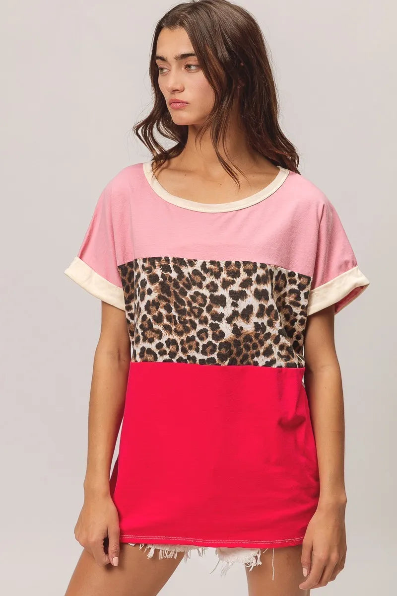 BiBi Leopard Print Jersey Color Block Roll Up - Stylish & Comfortable Women's T-Shirt for Casual Wear, Outfits & Daily Fashion