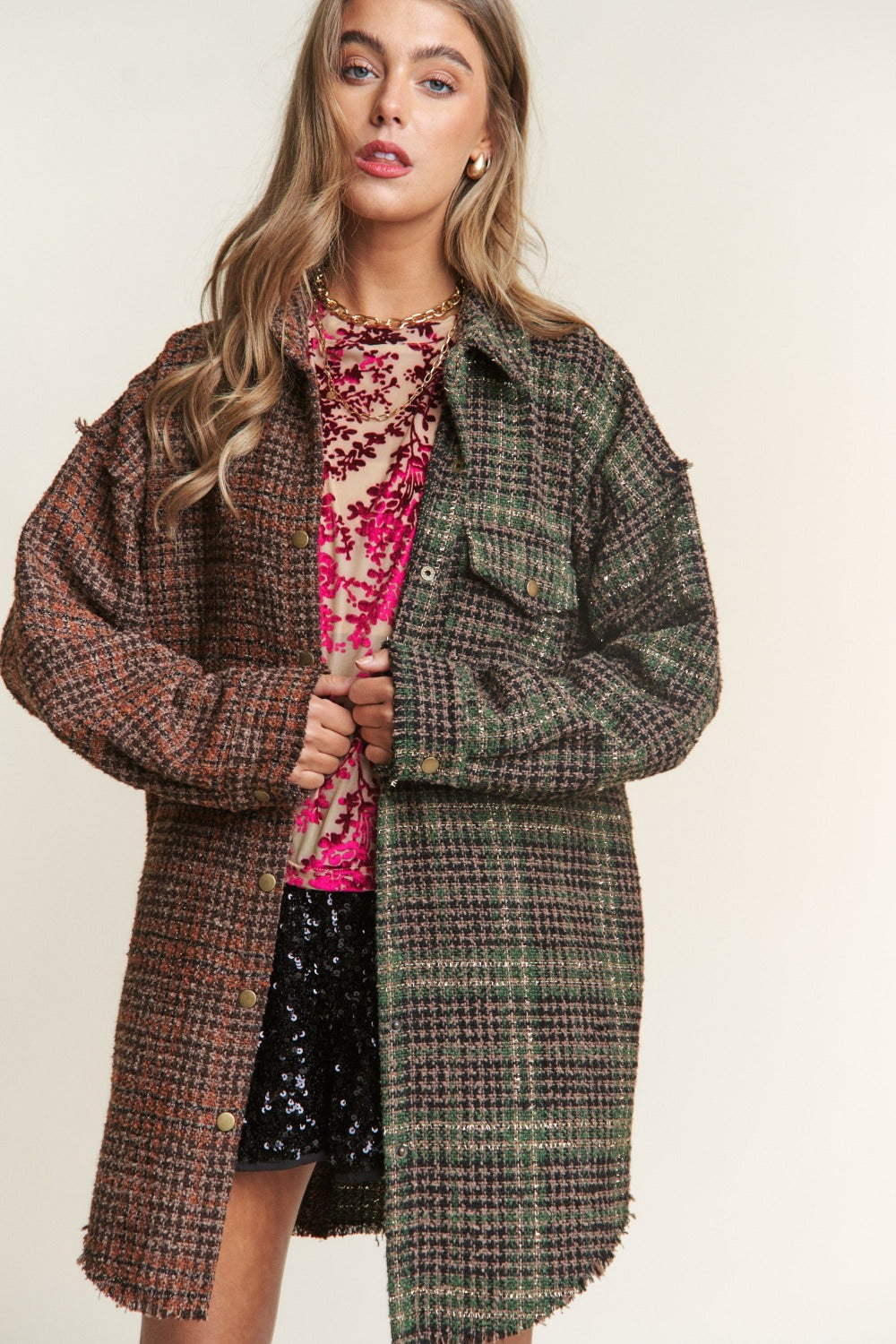 Stylish Snap Down Tweed Plaid Longline Shacket for Women - Cozy Fall & Winter Layering Essential | Perfect for Office, Casual Outings & Outdoor Activities