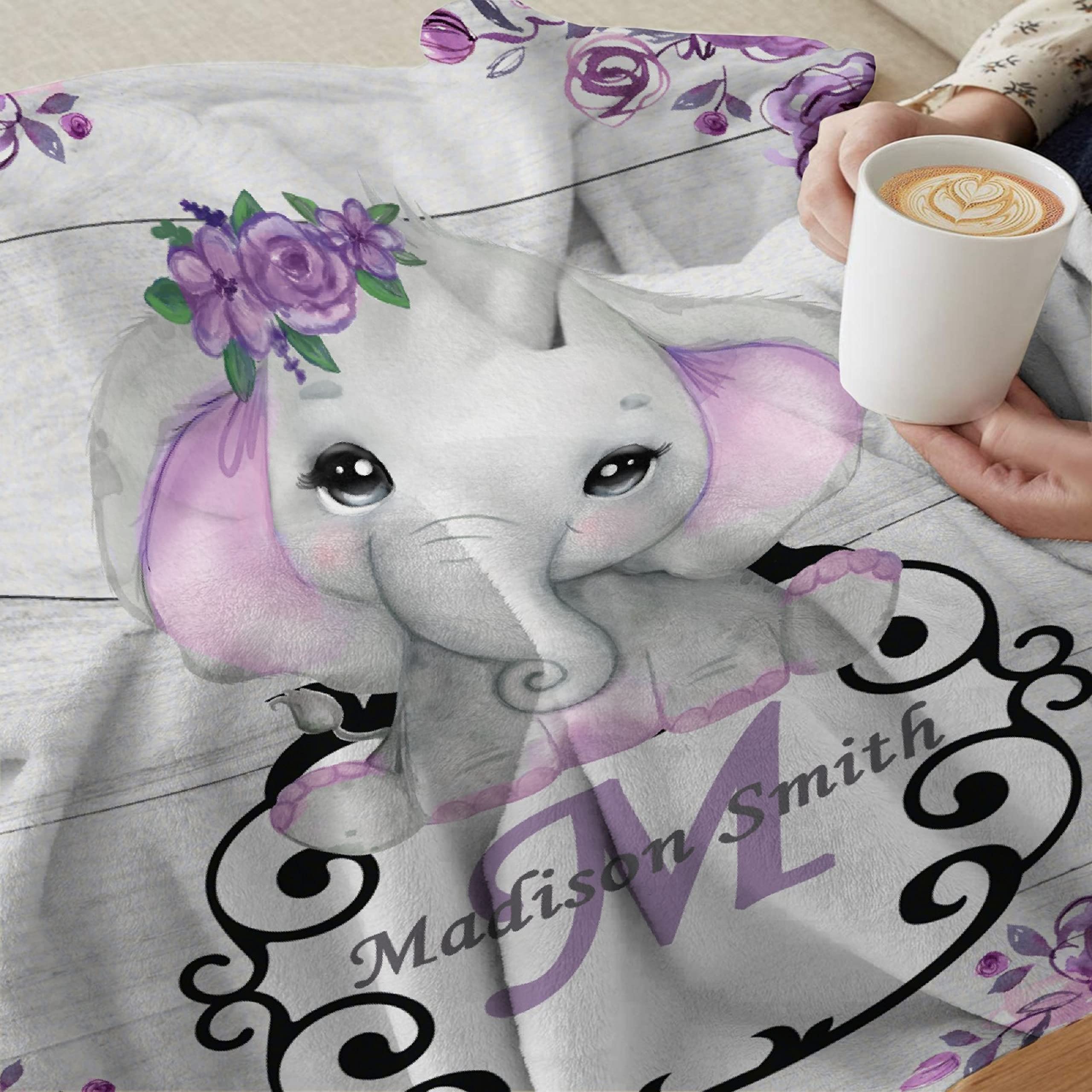Personalized Custom Baby Blanket with Name - Purple Floral Elephant Fleece Blanket for Girls & Boys | Soft 120