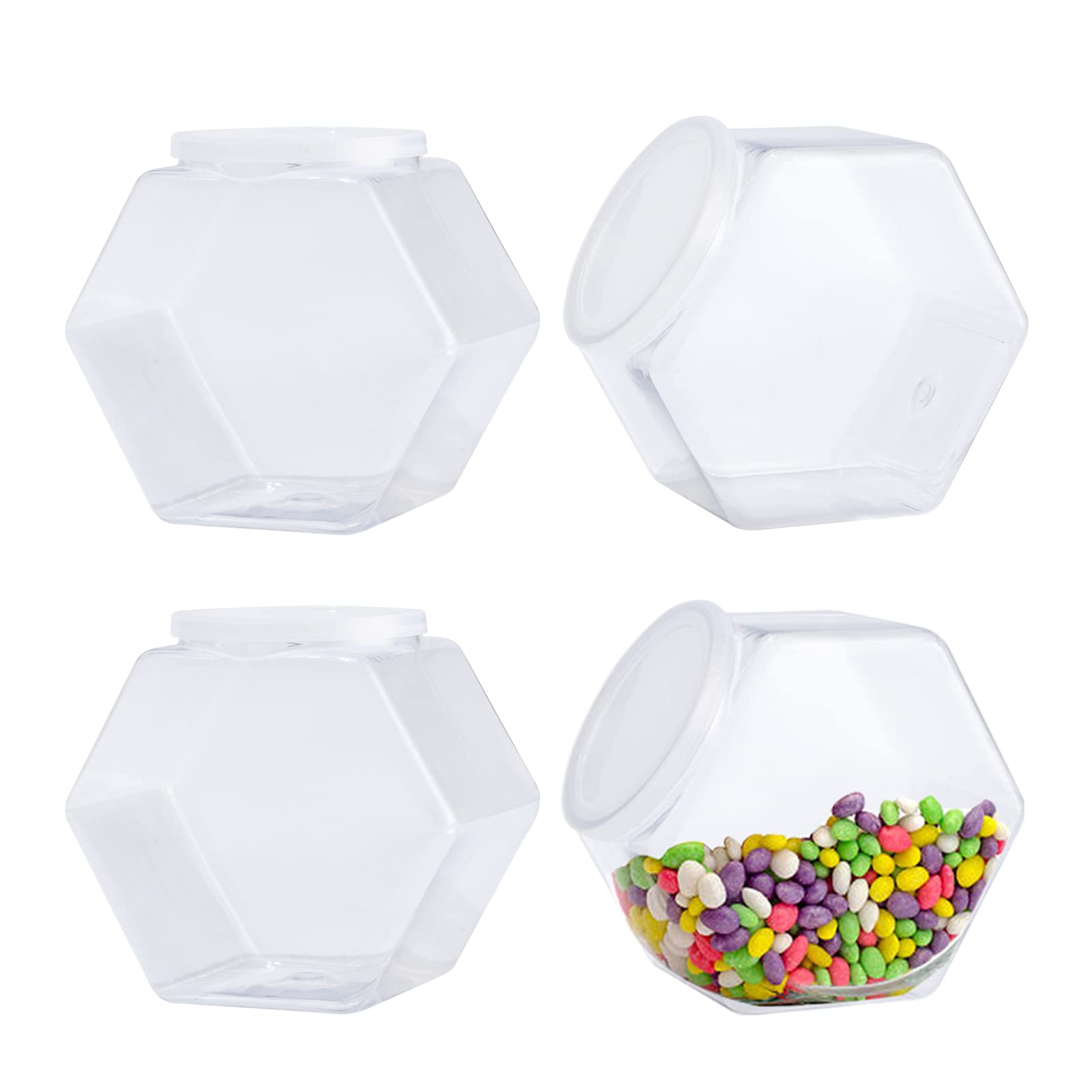4 Pack Hexagon Plastic Candy Jars with Lids - 30oz Clear Kitchen Storage Containers for Snacks, Cookies, Dog Treats & Coffee Pods | Perfect for Pantry Organization, Party Favors & Home Decor