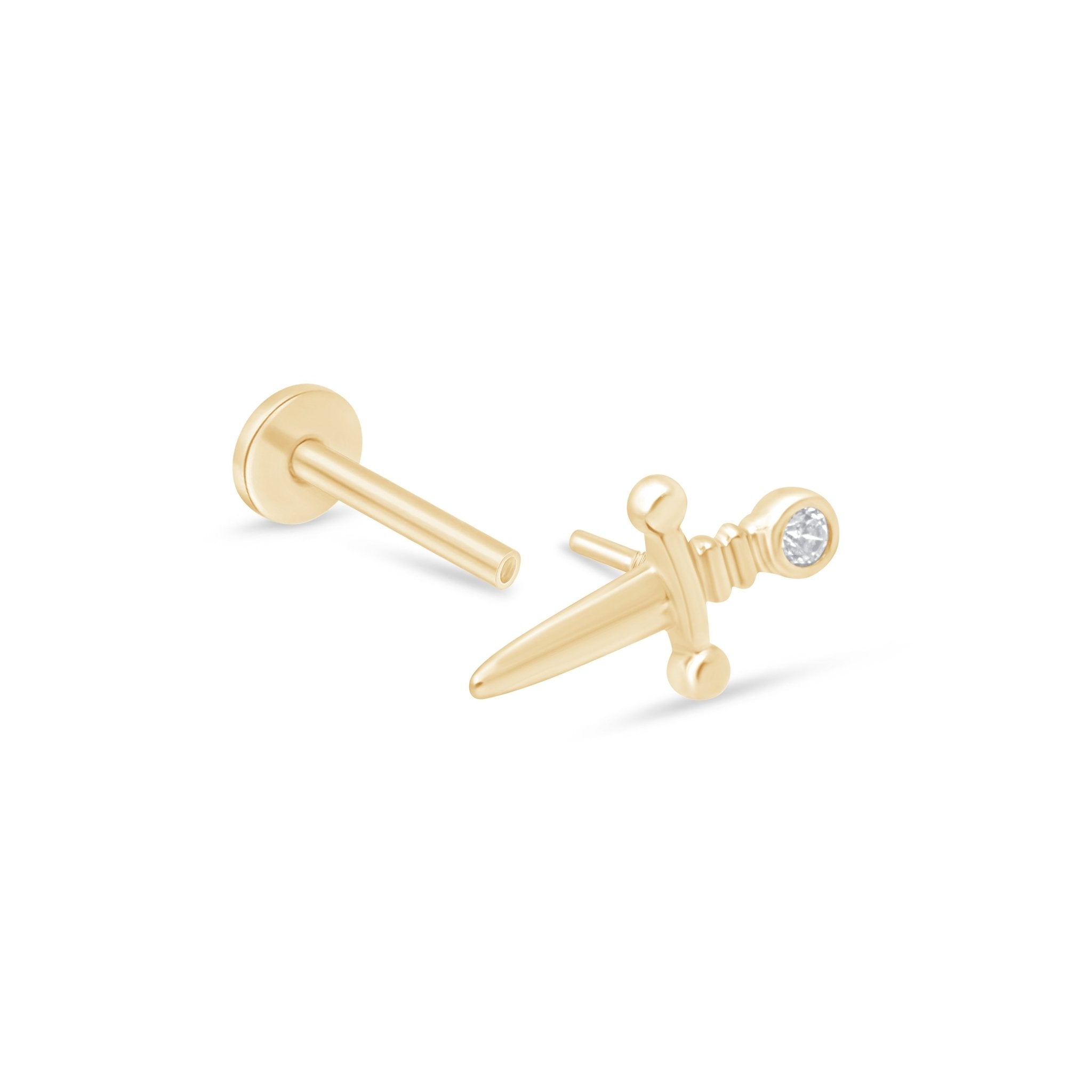 14K Solid Yellow Gold Gemstone Dagger Flat Back Stud Earrings - Perfect for Gothic, Punk, and Alternative Fashion Styles