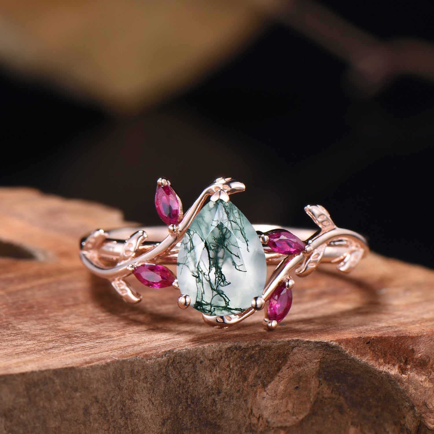 Nature Inspired Moss Agate Ring with Leaf Marquise Cut Ruby - Elegant Bohemian Jewelry for Women, Perfect for Weddings, Parties & Everyday Wear