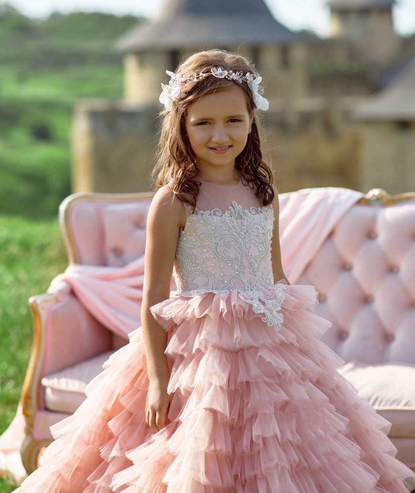 Honeydress Girls Tulle Flower Girl Dresses for Wedding - Lace Appliques Ball Gown Pageant Dress for Bridesmaids, Birthday Party & Special Occasions