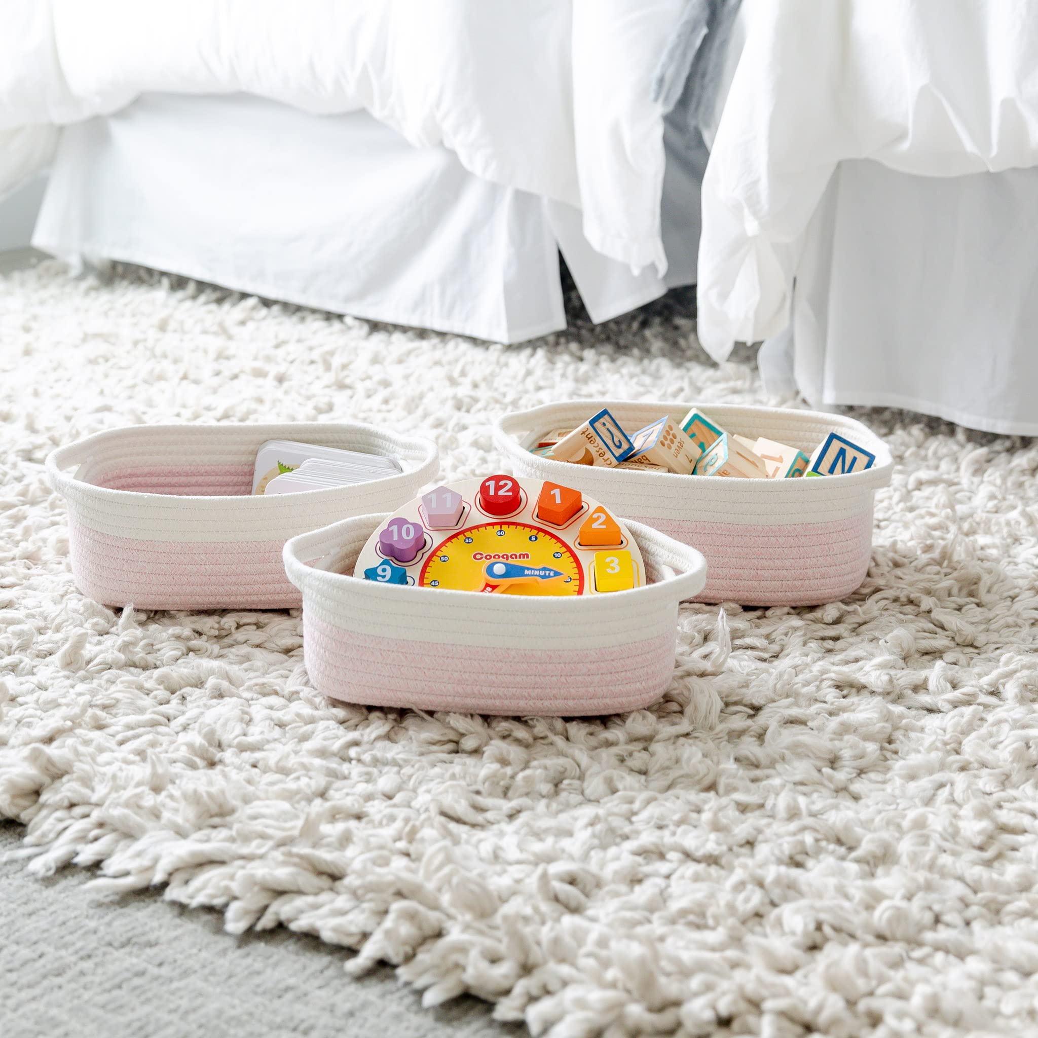 NaturalCozy 5-Piece Rectangle Storage Basket Set - Eco-Friendly Cotton Rope Woven Organizer Bins for Home & Nursery | Perfect for Montessori, Baby Toys, Pet Supplies, Bathroom Organization & Clutter Control