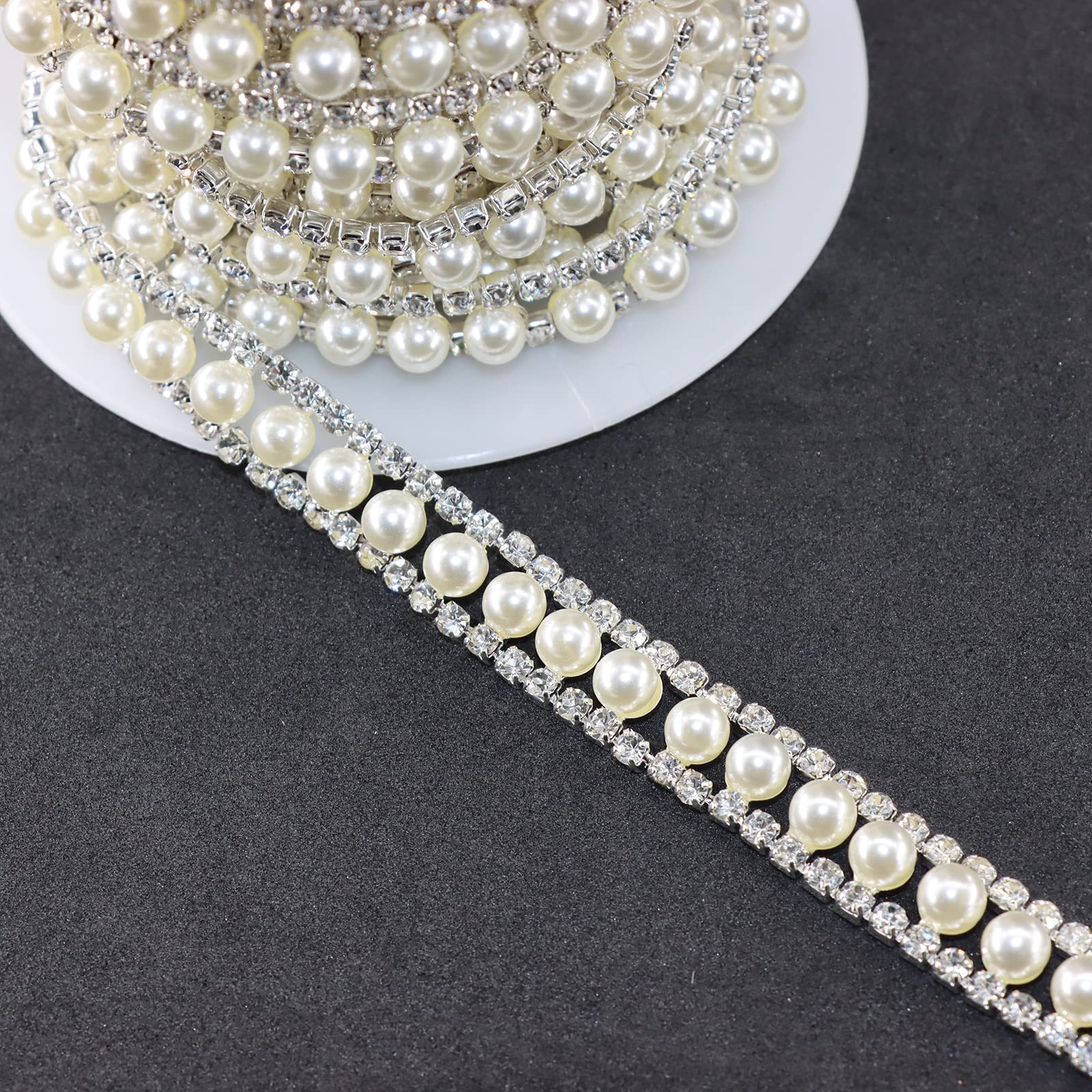 Jerler Rhinestone Trim Applique - 1 Yard 2 Rows Crystal Chain Banding with Diamond Inlaid White Pearl Beads for Crafts, Clothing, Bridal Embellishments | Perfect for Wedding Dresses, DIY Costumes, Christmas Decor & Holiday Party Outfits