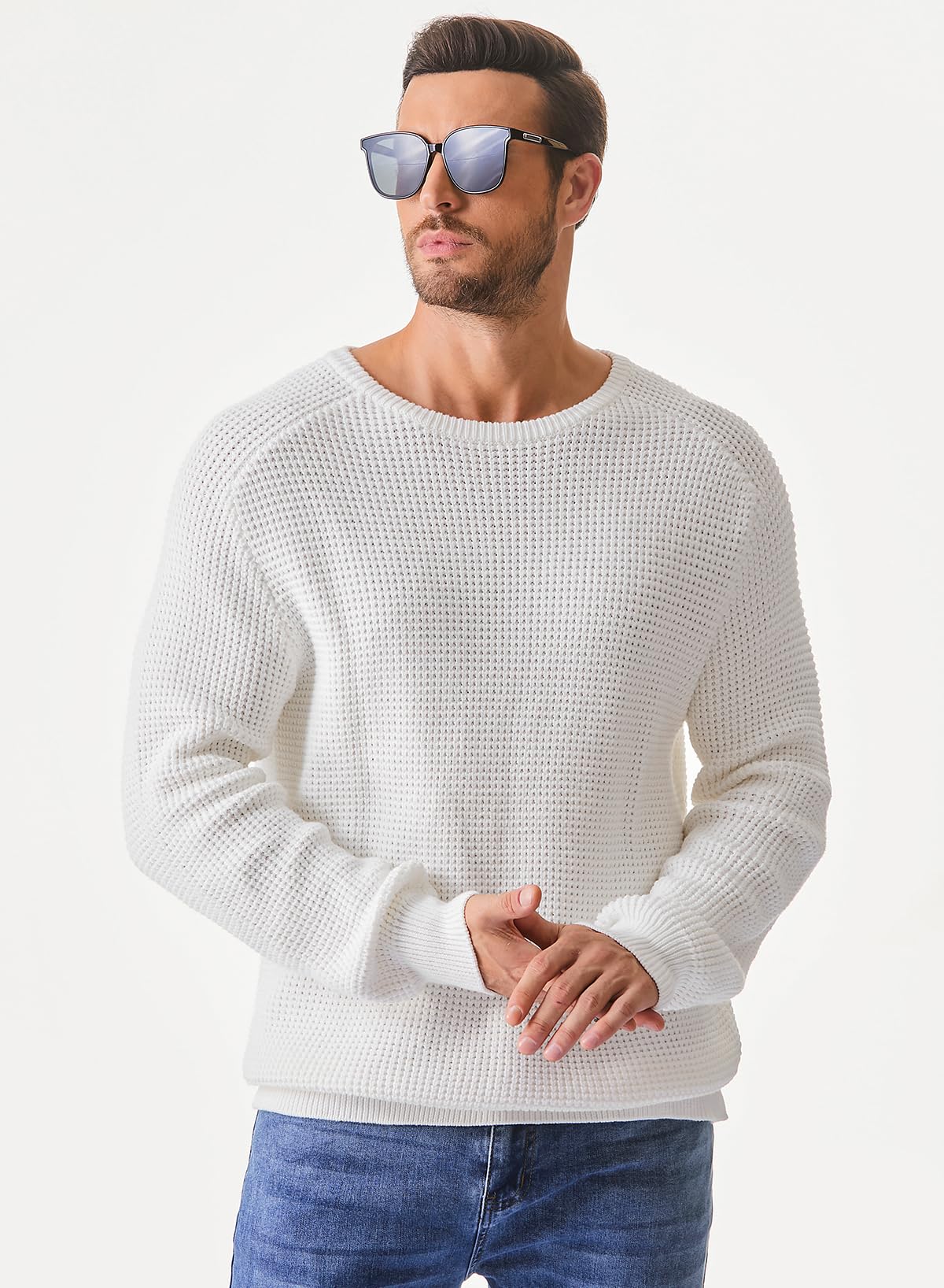 JMIERR Men's Crewneck Pullover Sweater - Waffle Knit Textured Casual Sweater with Ribbed Edge | Loose Fit Comfortable Winter Wear for Office, Dating & Outdoor Activities