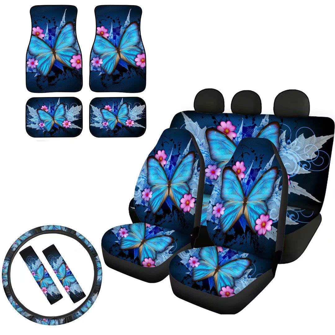 YoungerBaby Flower Butterfly Car Seat Covers Full Set with Front & Back Floor Mats, Steering Wheel Cover & Seat Belt Pads - Soft Car Interior Accessories for Women (Perfect for Sedans, SUVs & Minivans)