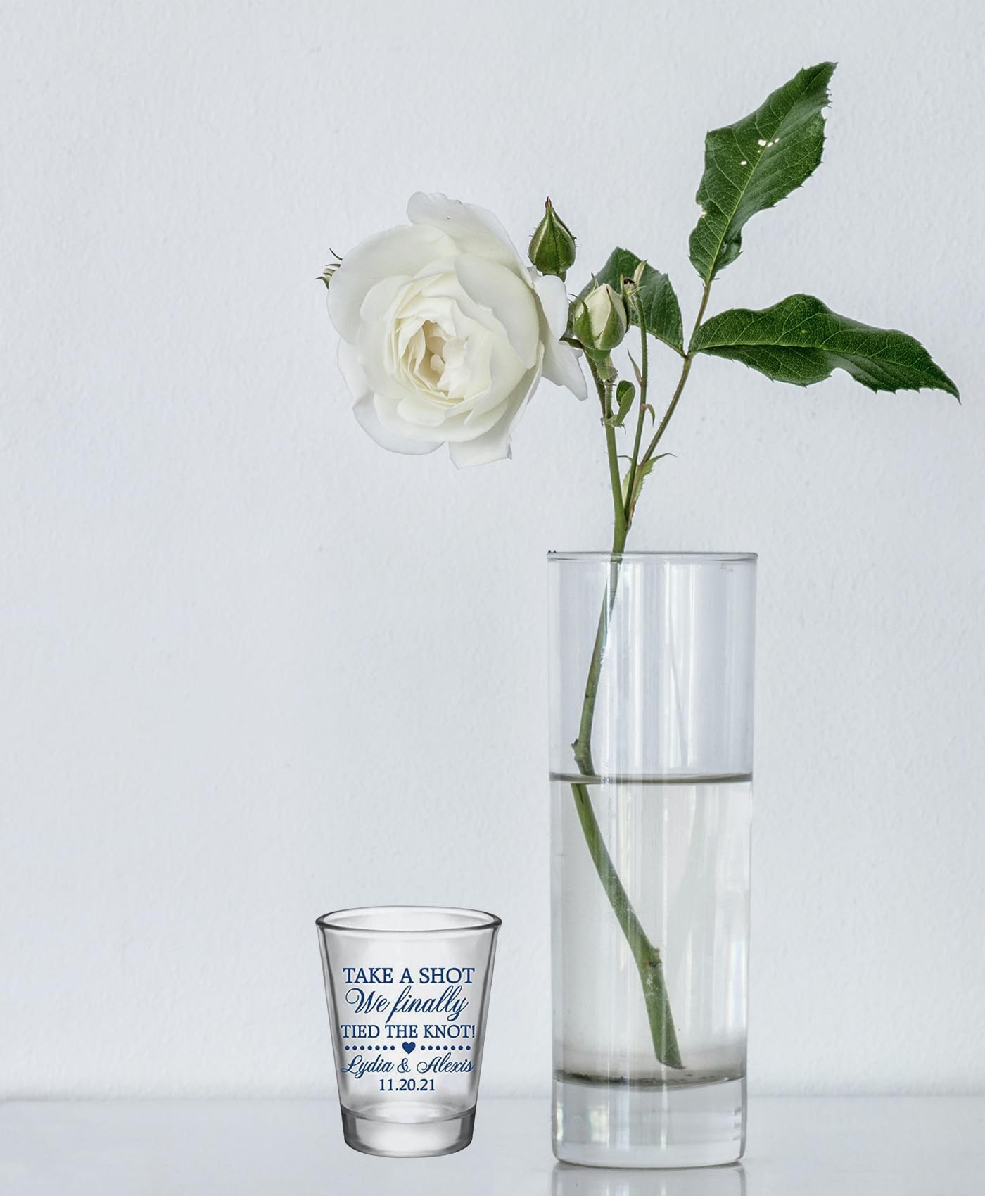 Custom Wedding Favor Shot Glasses - Personalized 'Take a Shot We Finally Tied The Knot' Engraved Whiskey Glasses - Bulk Wedding Guest Favors for Bridal Showers, Receptions & Anniversary Parties
