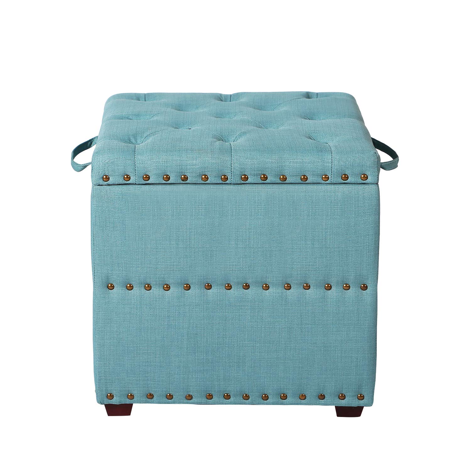 Adeco European Style Fabric Storage Ottoman Bench with Wooden Legs & Nailhead Trim - Blue Cube Footstool for Living Room, Bedroom & Entryway