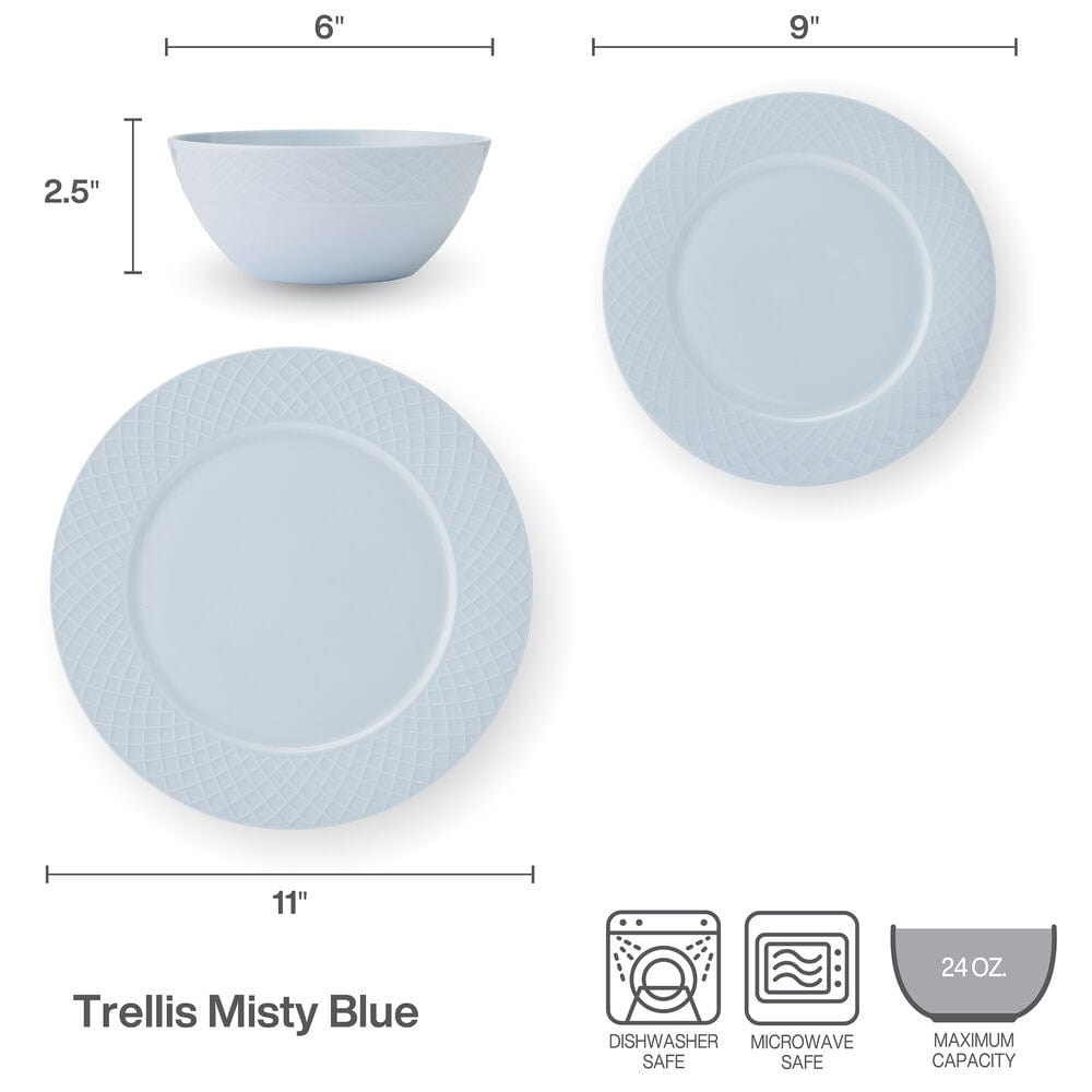 Trellis Misty Blue 12-Piece Dinnerware Set - Service for 4 - Elegant Porcelain Plates, Bowls & Mugs - Perfect for Family Dinners, Dinner Parties & Holiday Entertaining