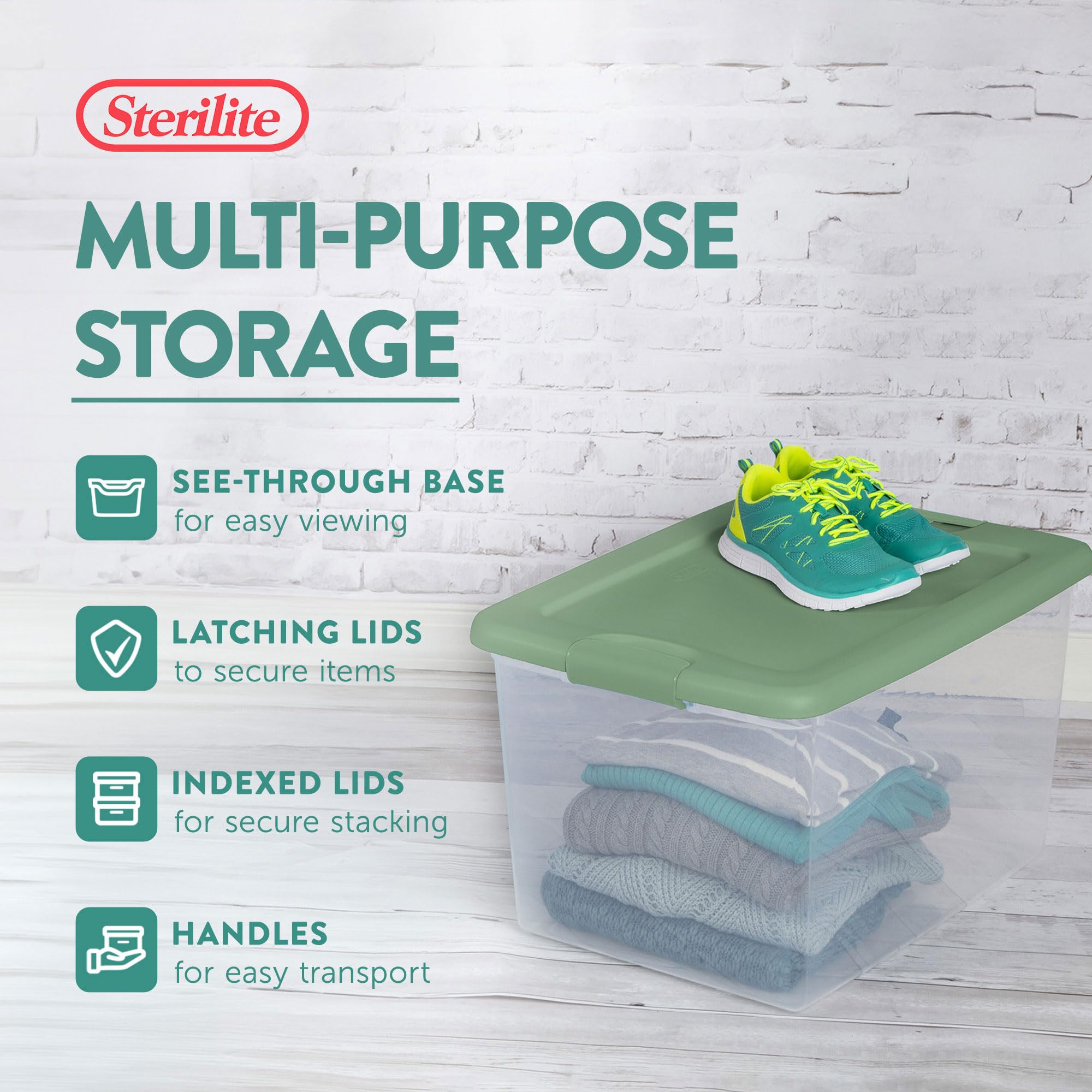 Sterilite 18-Pack 64 Qt Clear Plastic Storage Bins - Stackable Closet Organizers with Latching Lids for Home, Office & Garage Organization (Green)