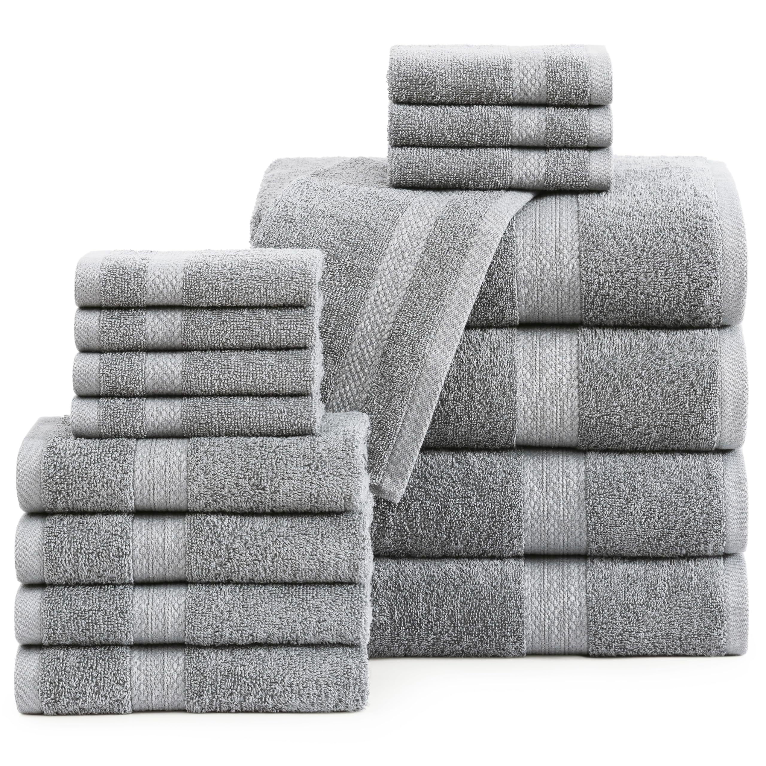 Premium 16-Piece Cotton Bath Towel Set - 100% Mercerized Absorbent Luxury Towels (4 Bath, 4 Hand, 8 Washcloths) - Space Grey for Spa, Hotel & Home Bathroom Decor